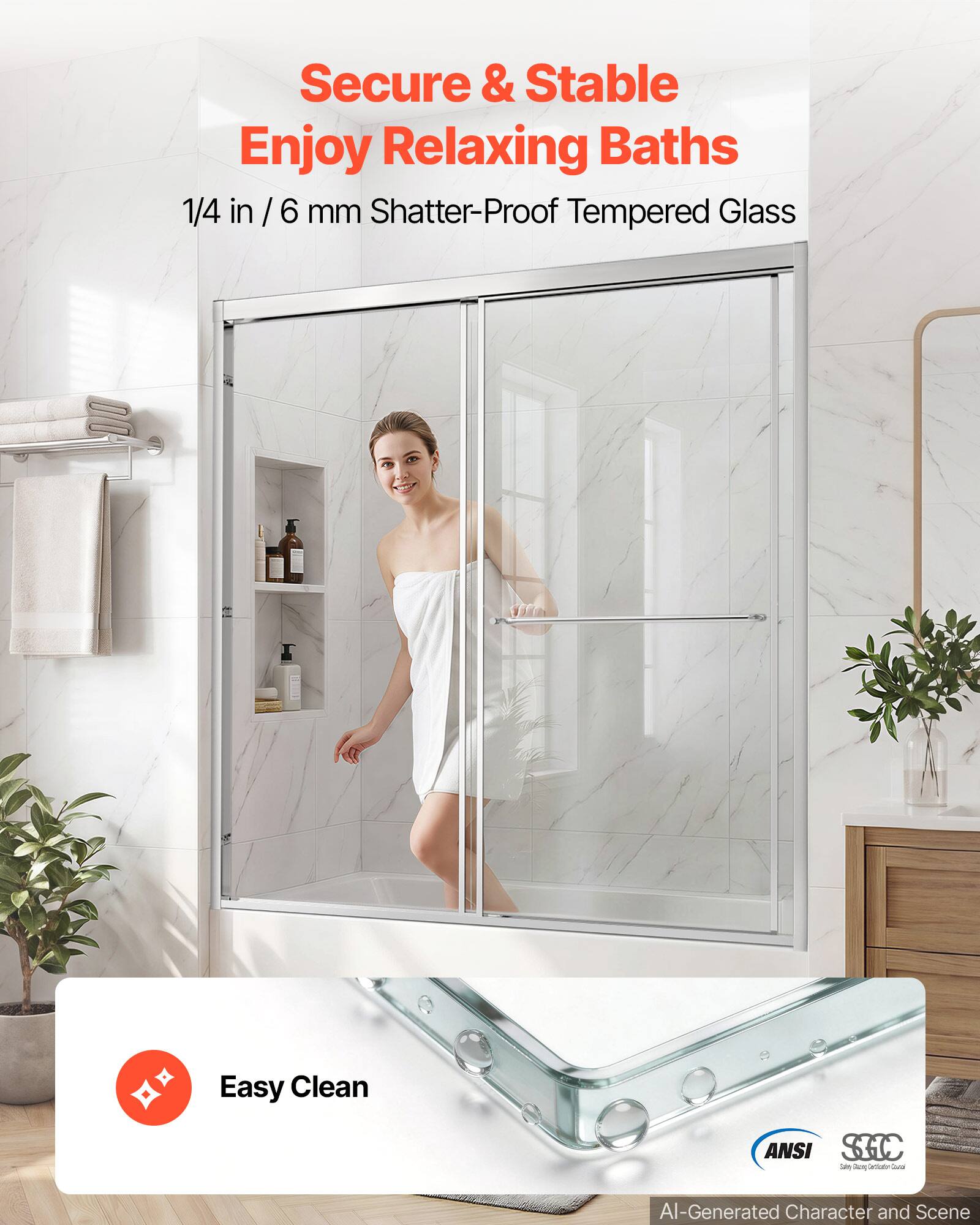 Secure & Stable  
Enjoy Relaxing Baths  
1/4 in / 6 mm Shatter-Proof Tempered Glass  
Easy Clean  
ANSI SHC  
AI-Generated Character and Scene