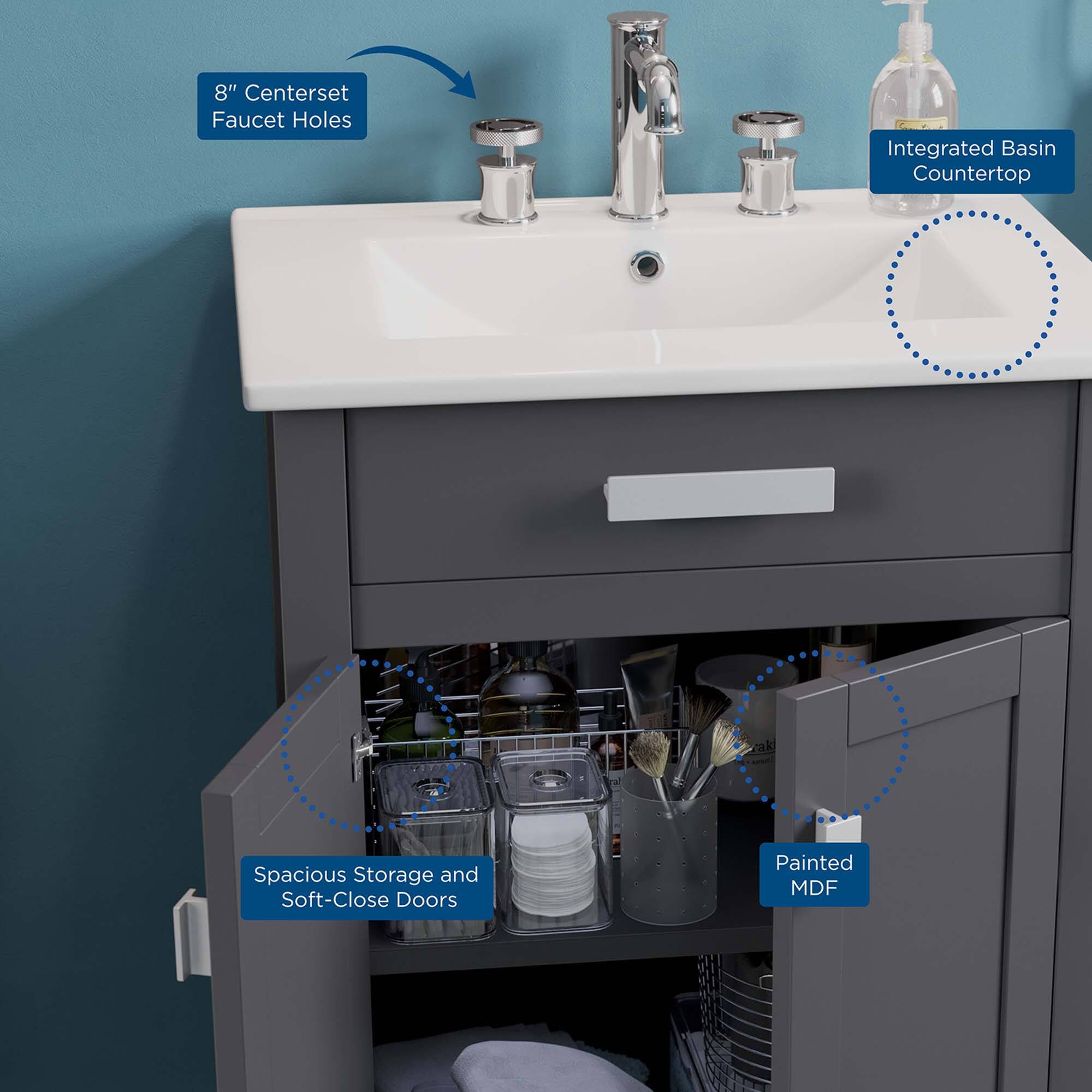 8" Centerset Faucet Holes  
Integrated Basin Countertop  
Spacious Storage and Soft-Close Doors  
Painted MDF