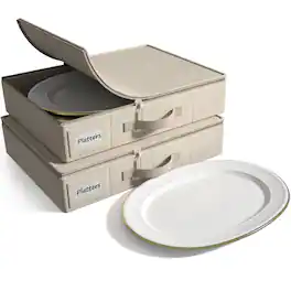 Sorbus - 2 Pack China Platter Storage Containers -Storage Containers - Hard Shell, Handles & Felt Dividers - for Packing Dishes - Beige