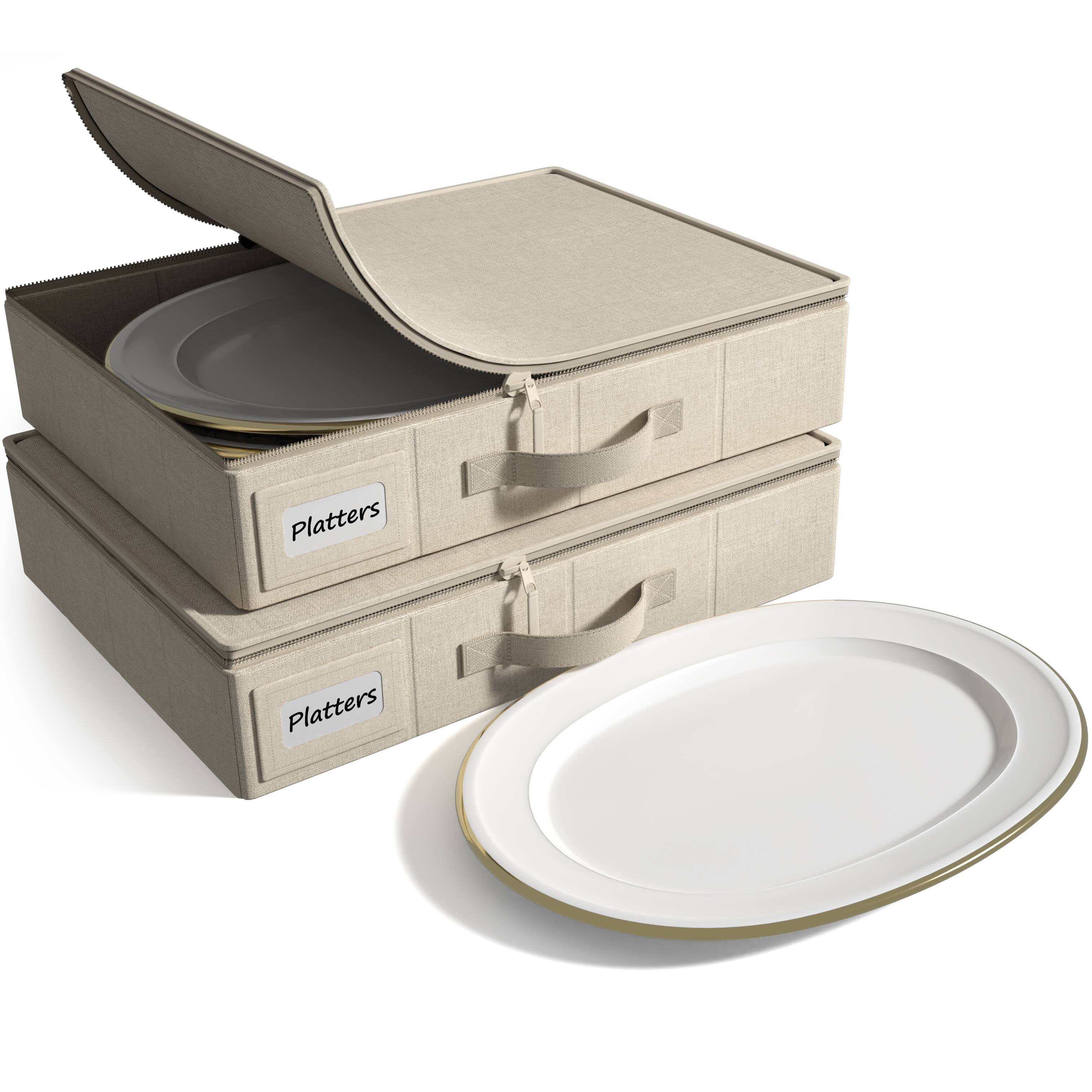 Sorbus - 2 Pack China Platter Storage Containers -Storage Containers - Hard Shell, Handles & Felt Dividers - for Packing Dishes - Beige