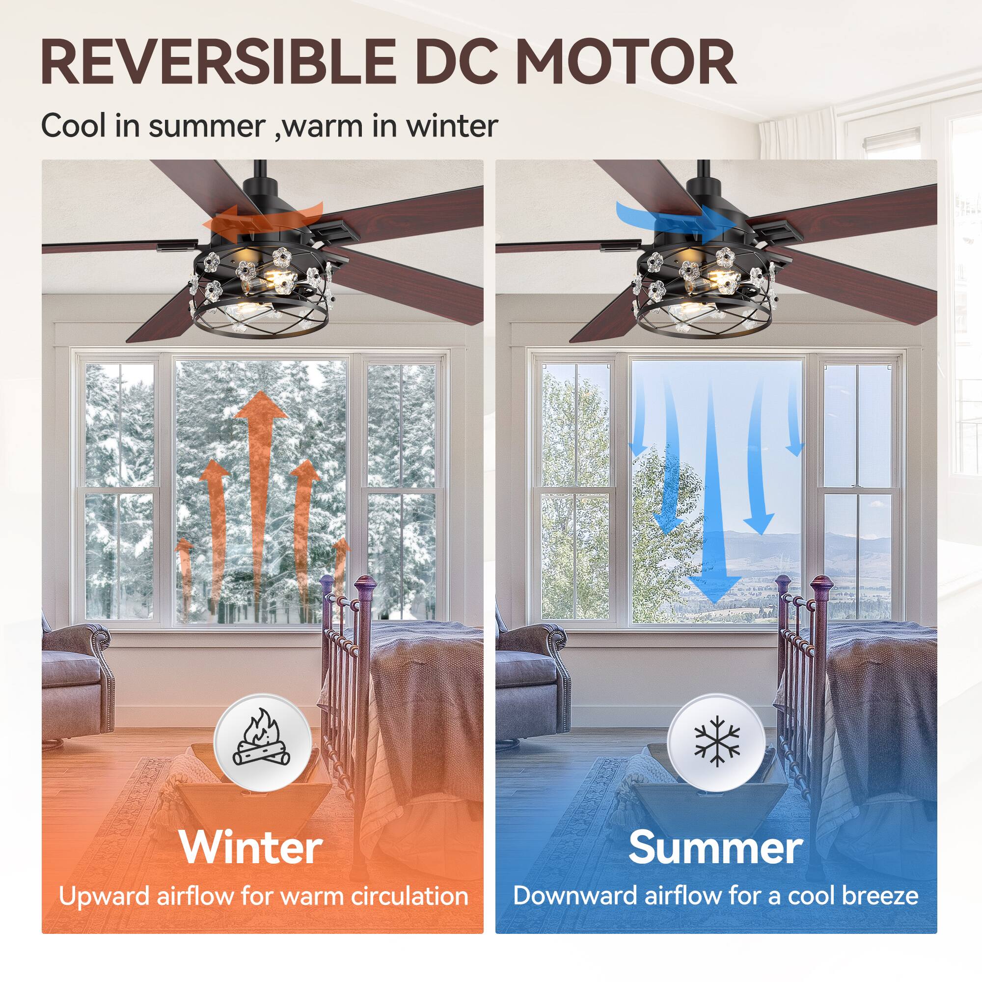 REVERSIBLE DC MOTOR  
Cool in summer, warm in winter  

Winter  
Upward airflow for warm circulation  

Summer  
Downward airflow for a cool breeze