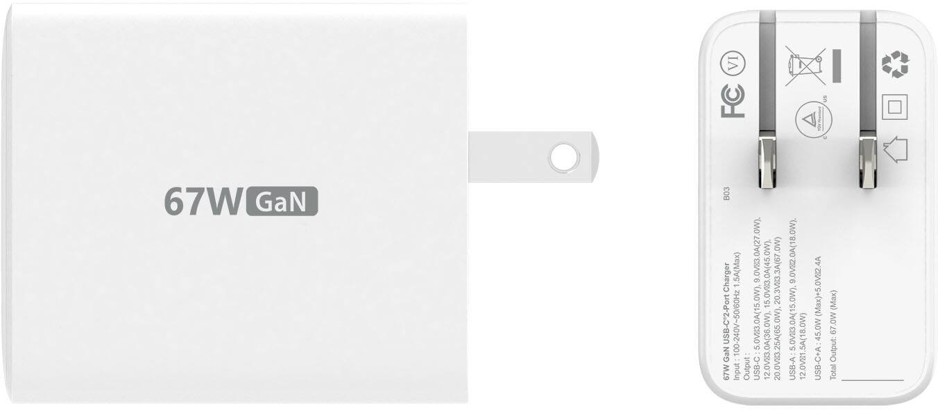 67W GaN

Input: 100-240V~50/60Hz

Output: 
- USB-C*2: 5.0V83.0A (15.0W), 9.0V22.0A (18.0W), 12.0V21.5A (18.0W), 20.3V2.3A (45.0W), 20.0V2.3A (45.0W)
- USB-C*1: 5.0V83.0A (15.0W), 9.0V22.0A (18.0W), 12.0V21.5A (18.0W), 20.3V2.3A (45.0W), 20.0V2.3A (45.0W)
- Total: 67.0W

FC

B03

76W USB-C+USB-A Charger

Input: 100-240V~50/60Hz
