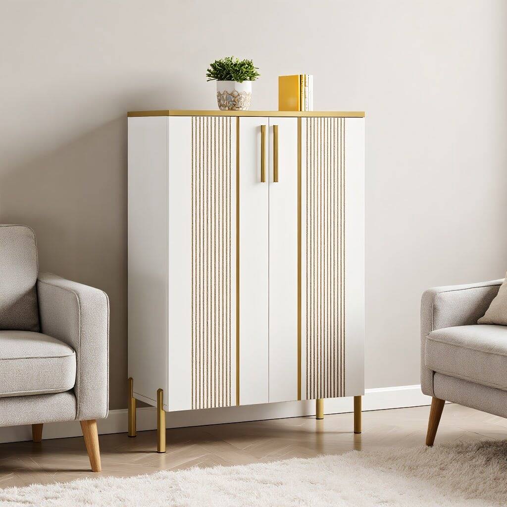 Back. Kadyn - Kadyn 6-Tier Wooden Shoe Cabinet, Space-Saving Organizer with Sliding Doors, Perfect for Home & Office, Gold & White - White.