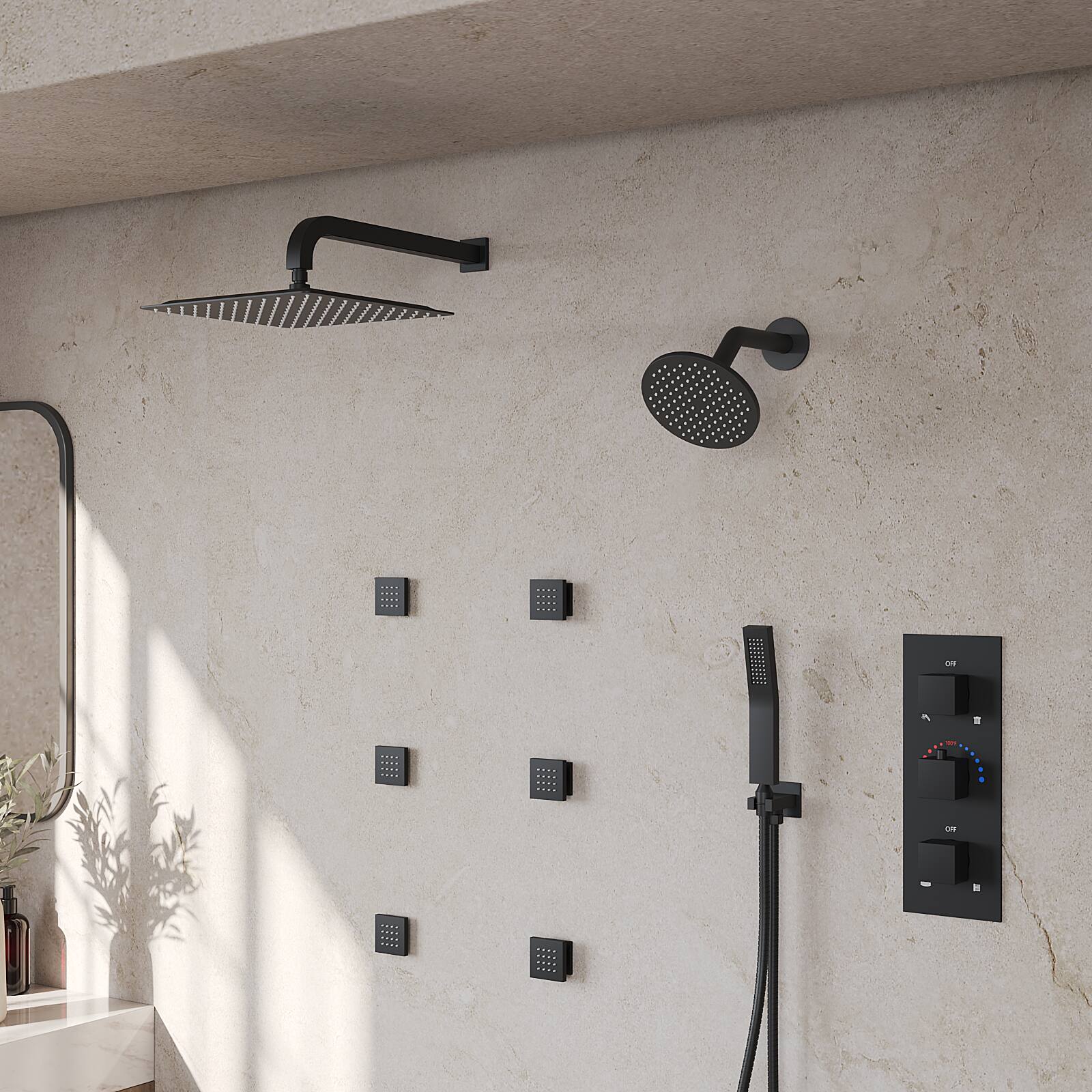 Angle. GRANDJOY - 12" Rain Shower System with 6" Wall Shower, Handheld Sprayer, 6 Body Jets and Thermostatic Brass Valve Faucet Set - Matte Black.