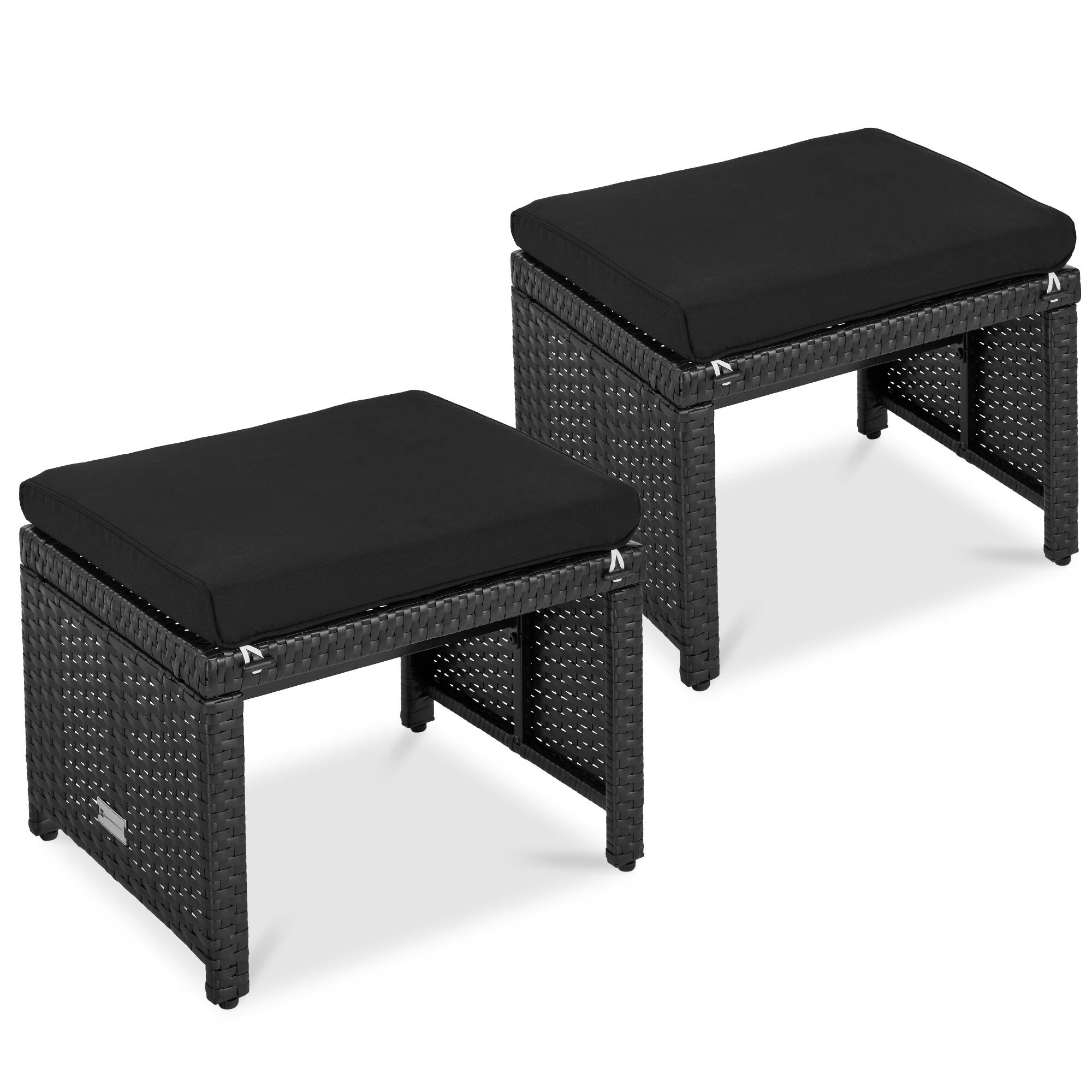Best Choice Products - Set of 2 Multipurpose Patio Wicker Ottomans w/ Removable Cushions - Black/Black