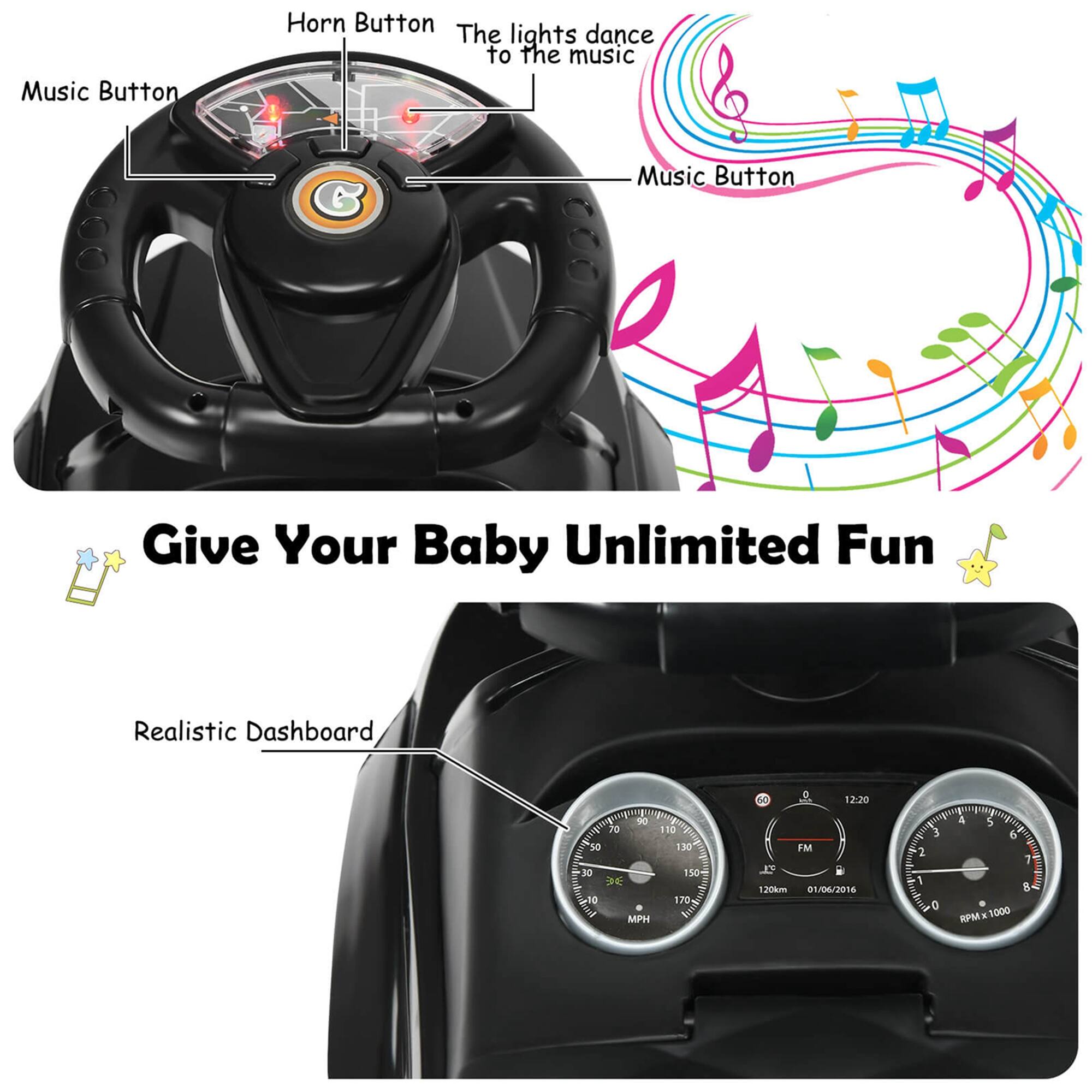 - Music Button
- Horn Button
- The lights dance to the music
- Music Button
- Give Your Baby Unlimited Fun
- Realistic Dashboard

12:20
FM
1.20km
01/06/2016
120km
RPM x 1000