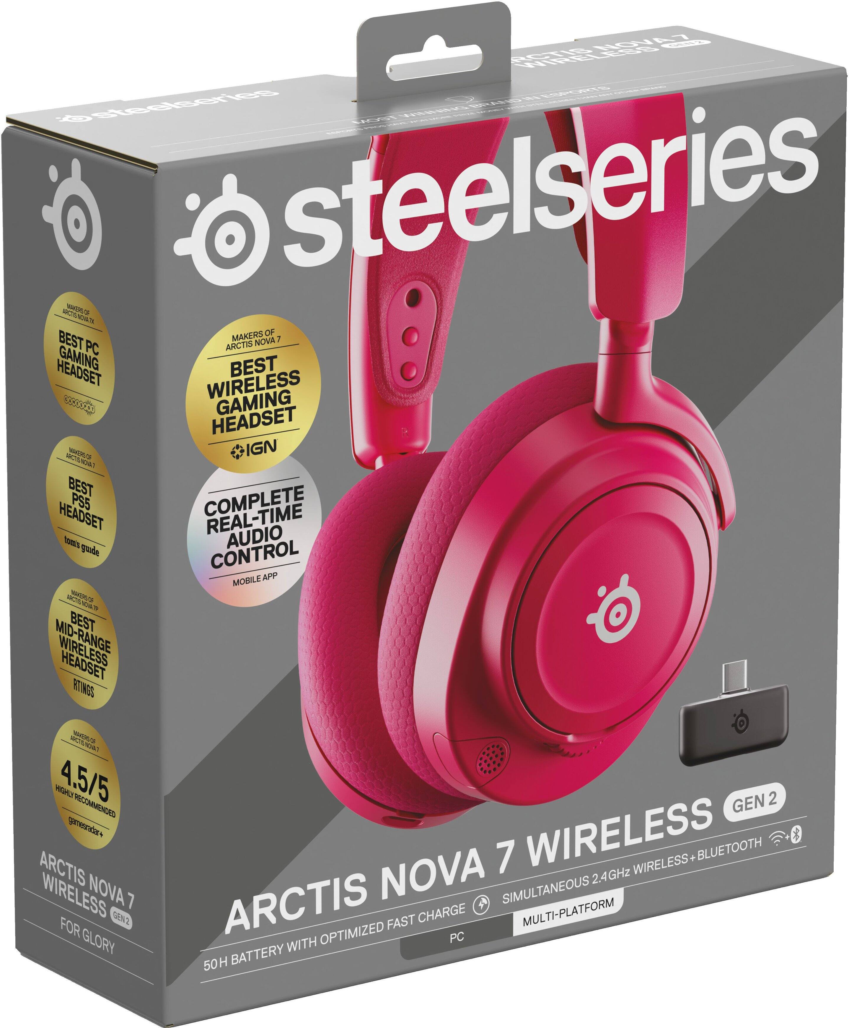 Sure, here is the corrected and grouped text from the image:

---

**SteelSeries**

**Arctis Nova 7 Wireless Gen 2**

- **Best PC Gaming Headset**  
  - **IGN**  
  - **GameRadar**

- **Best Wireless Gaming Headset**  
  - **IGN**

- **Best PS5 Headset**  
  - **Tom's Guide**

- **Best Mid-Range Wireless Headset**  
  - **Rtings**

- **Complete Real-Time Audio Control**  
  - **Mobile App**

- **4.5/5 Highly Recommended**  
  - **GameRadar**

- **50H Battery with Optimized Fast Charge**

- **Simultaneous 2.4GHz Wireless + Bluetooth**

- **Multi-Platform**

- **For Glory**

---

This text is organized to reflect the awards and features mentioned on the packaging.