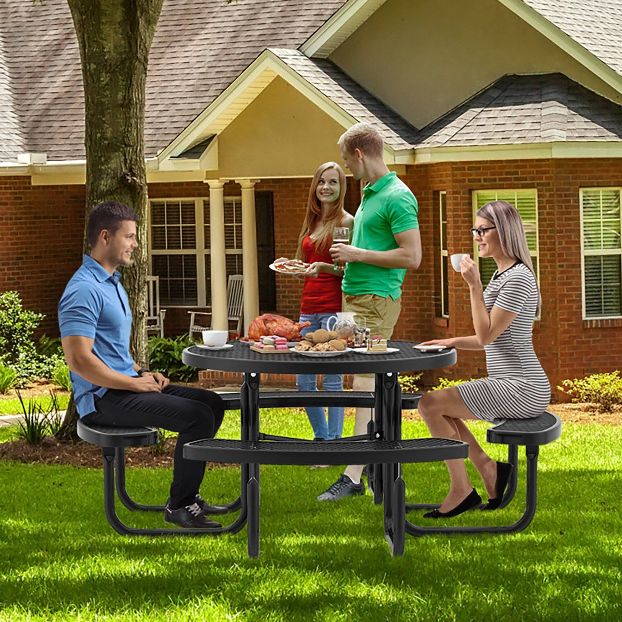 Alt View 3. Boyel Living - 45 Inches Outdoor Round Picnic Table and Bench Set for 8 with Umbrella Hole - Black.