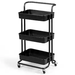 Gymax - 3 Tier Rolling Cart W/Wheels Practical Handle&ABS Storage Basket Organizer - Black