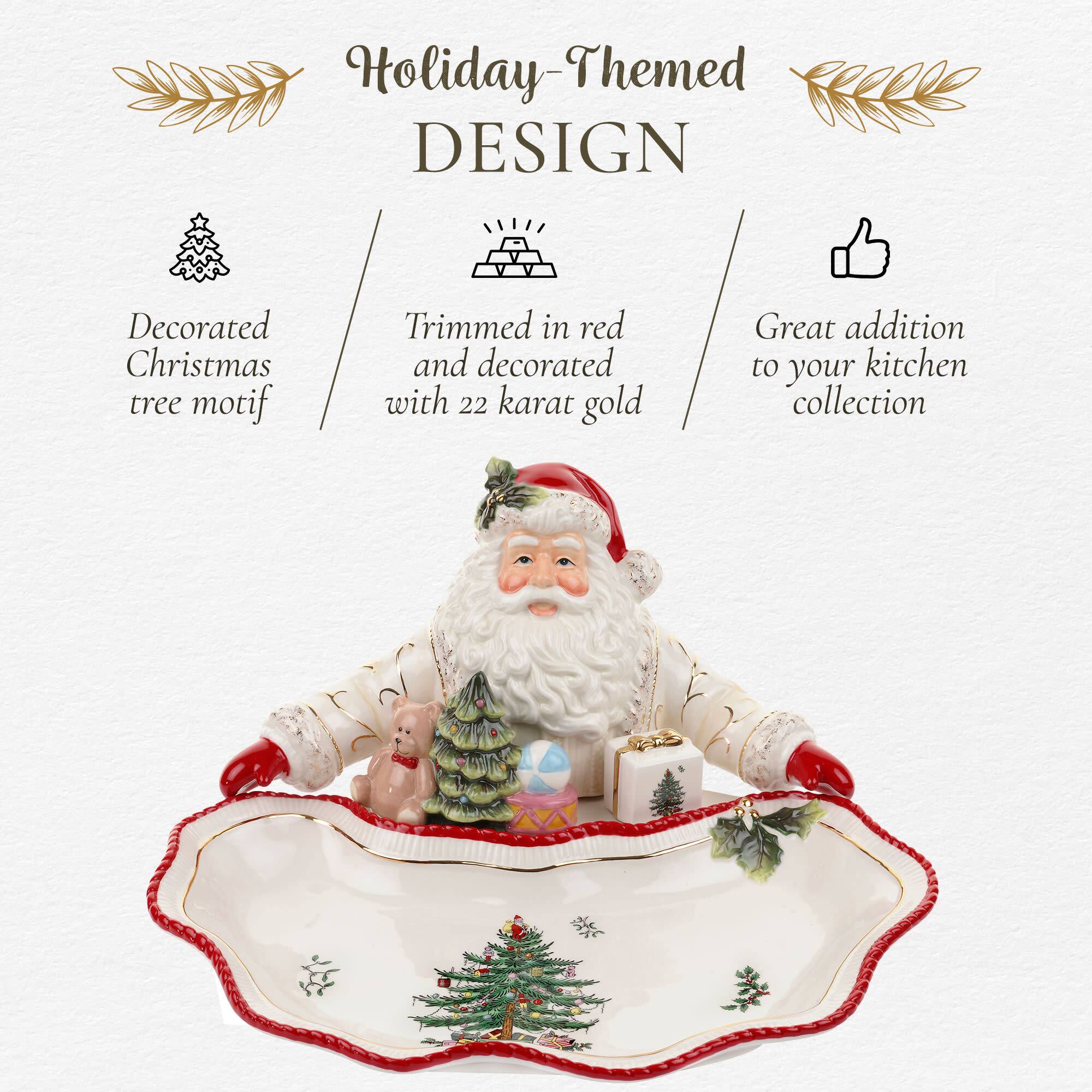 Holiday-Themed DESIGN  
Decorated Christmas tree motif  
Trimmed in red and decorated with 22 karat gold  
Great addition to your kitchen collection