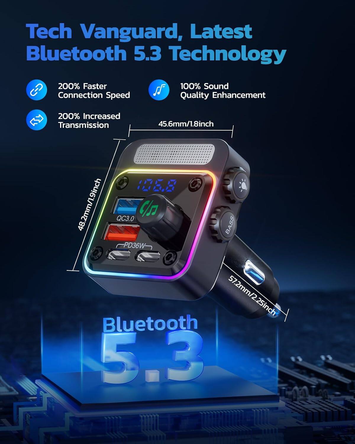 Tech Vanguard, Latest Bluetooth 5.3 Technology

- 200% Faster Connection Speed
- 100% Sound Quality Enhancement
- 200% Increased Transmission

- 45.6mm/1.8inch
- 48.2mm/1.9inch
- 57.2mm/2.25inch

- QC3.0
- PD36W