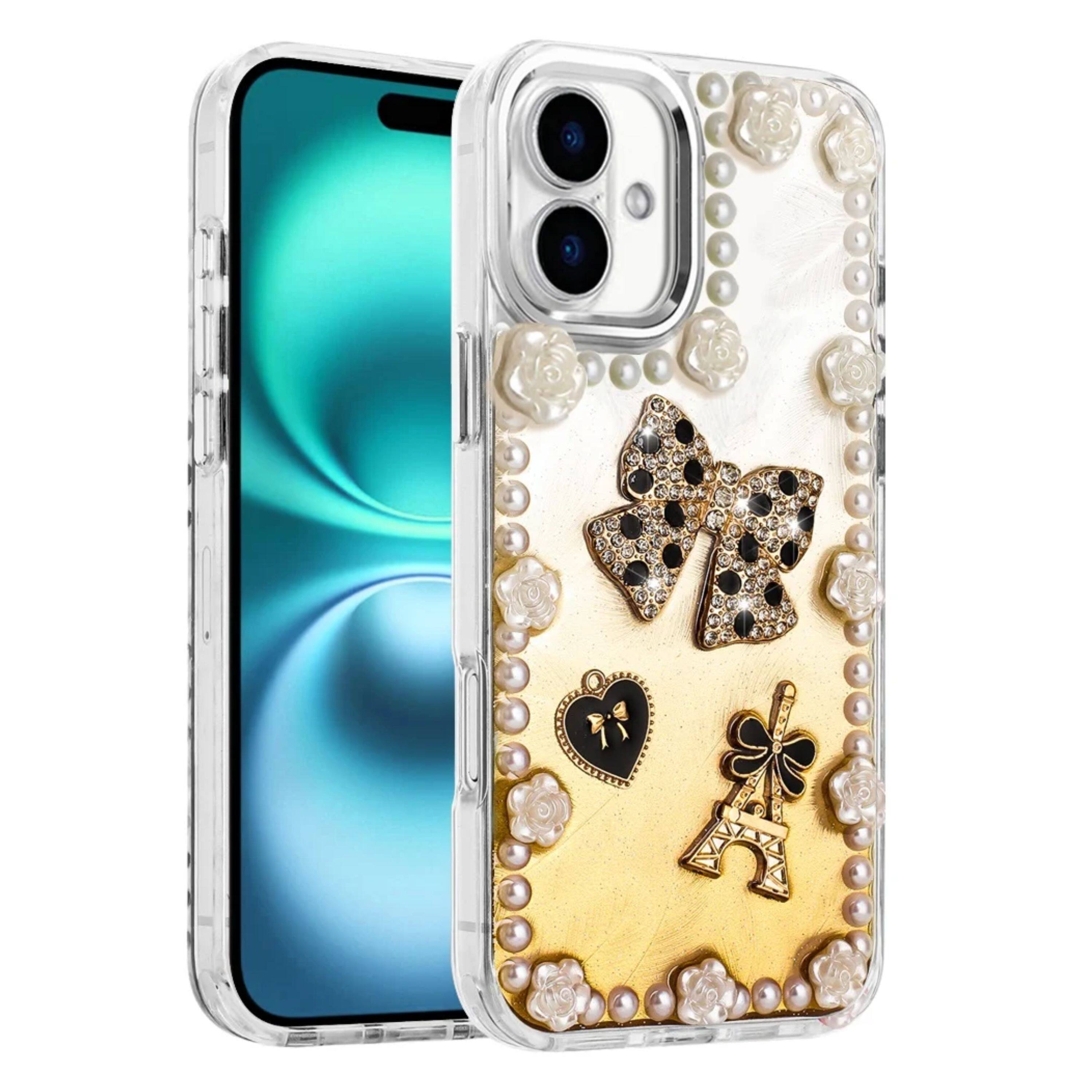 Kitcheniva - Floral & Faux Pearl Trim 3D Charms Phone Case With Tempered Glass For iPhone 17 Bow - Multicolor