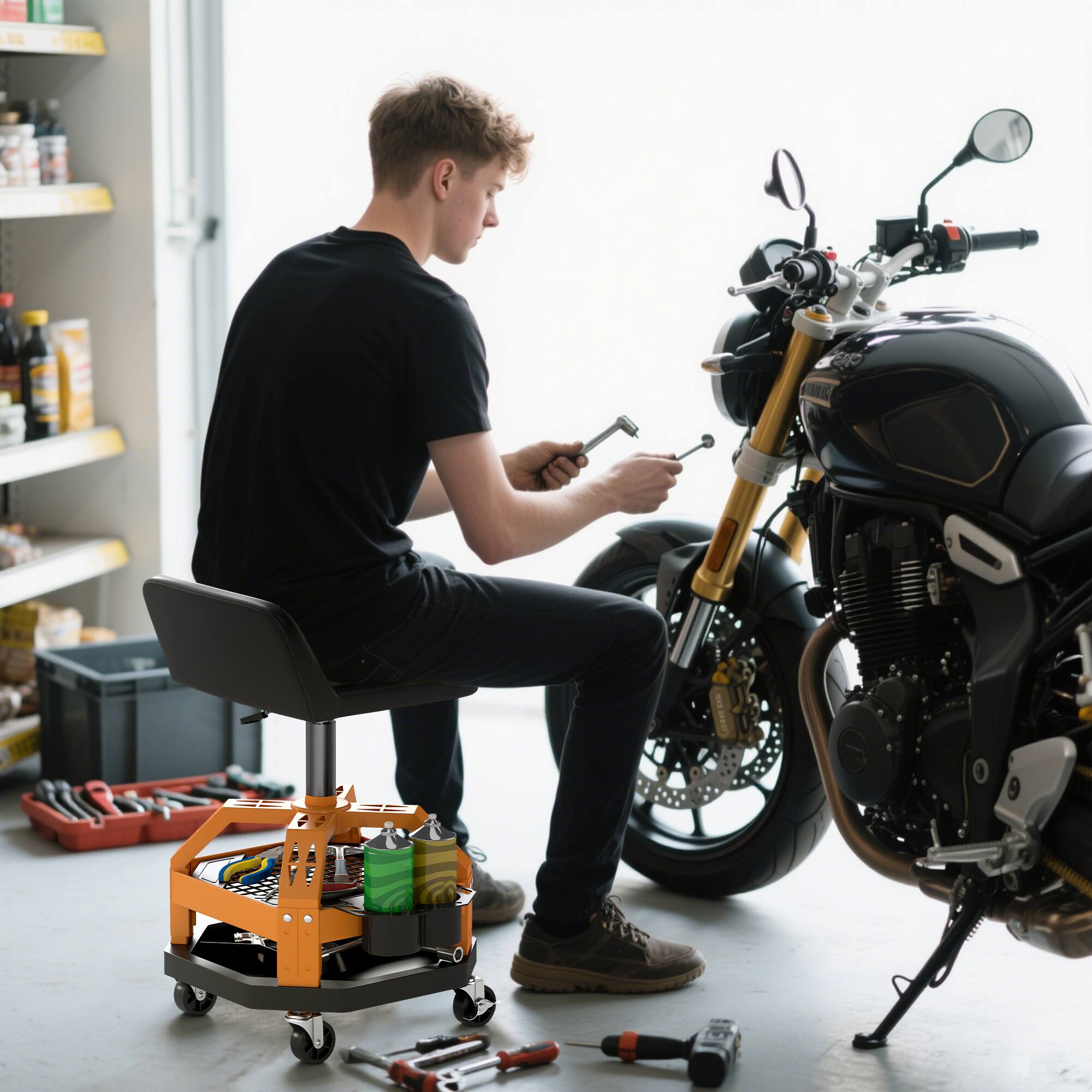 Alt View 8. Homcom - Rolling Mechanic Stool, 300 LBS Capacity Pneumatic Creeper Garage Stool with 360° Wheels, Backrest - Yellow.