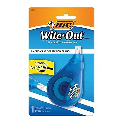 50523 BIC Wite-Out BRAND EZ CORRECT Correction Tape
AMERICA'S #1 CORRECTION BRAND*
Strong, Tear-Resistant Tape
1 39.3ft. x 1/6in
12m x 4.2mm