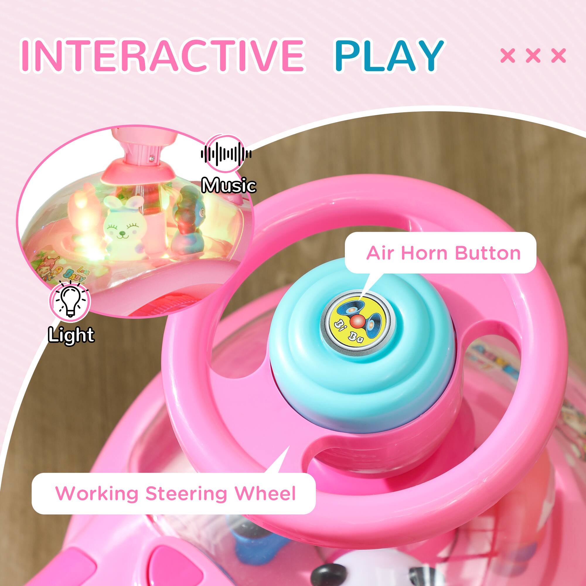 INTERACTIVE PLAY

- Music
- Light
- Air Horn Button
- Working Steering Wheel