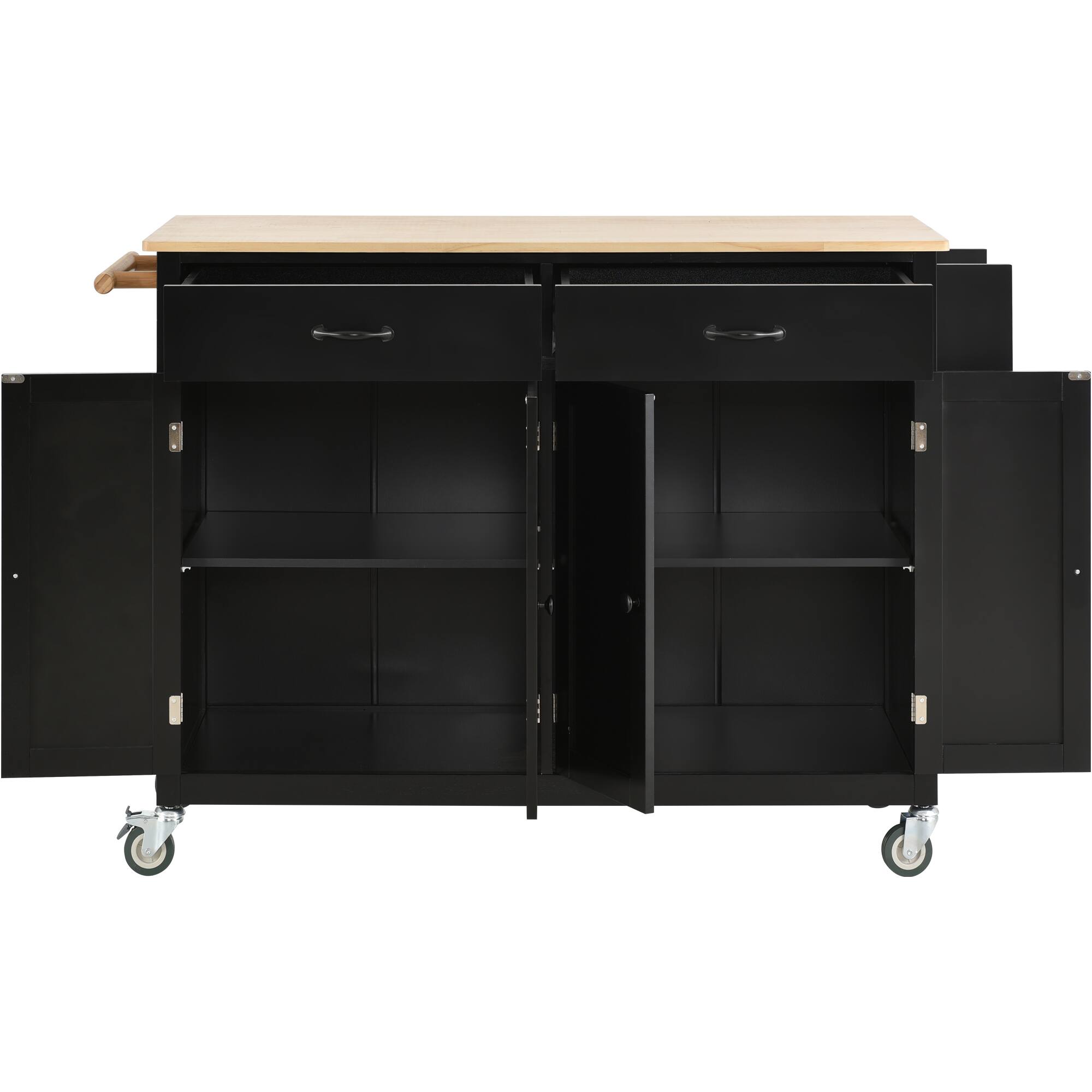 Alt View 2. Forest'nSky - 54.3" Kitchen Island Cart with Solid Wood Top – 4 Doors, 2 Drawers, Spice Rack & Towel Rack, Locking Wheels, Black - Black.