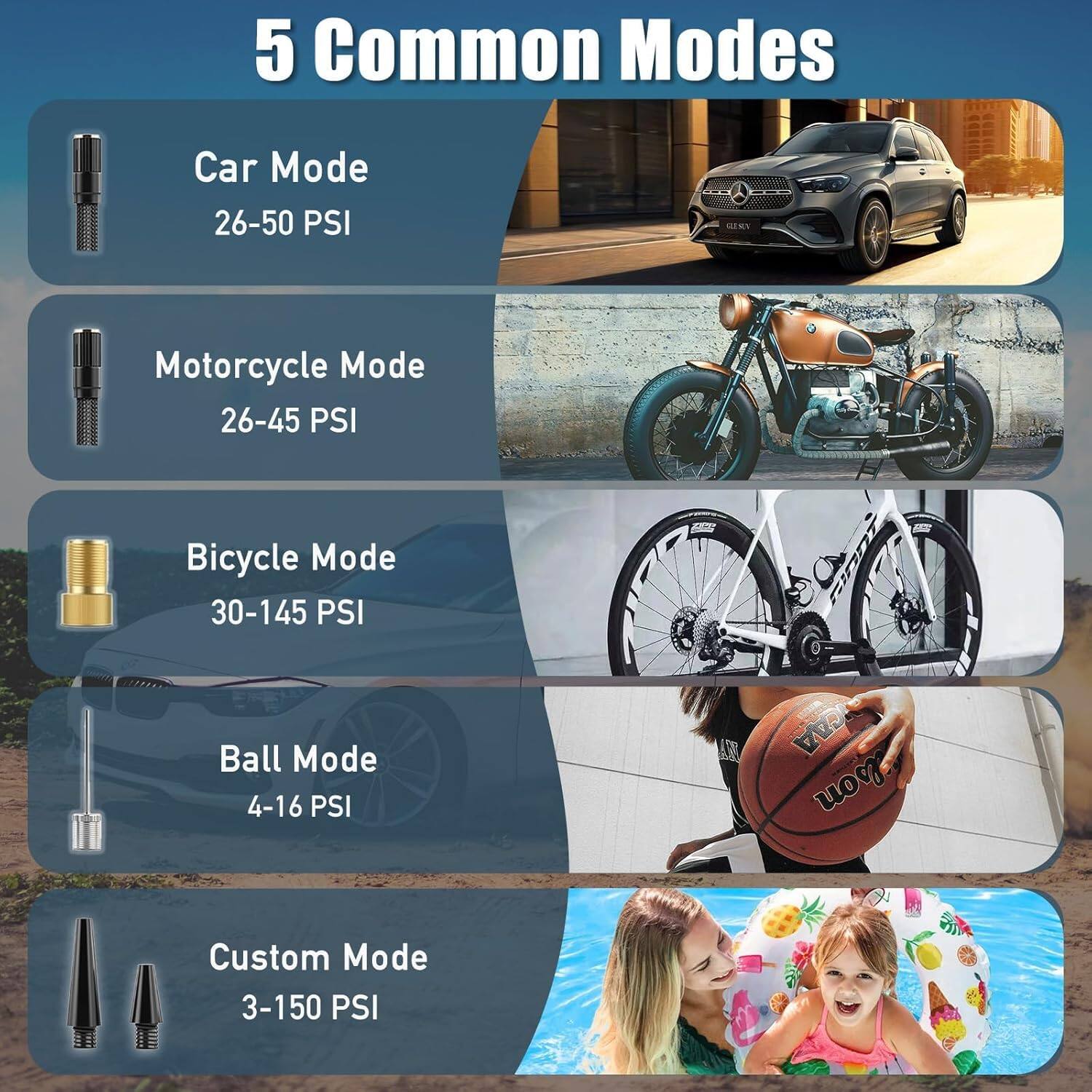 5 Common Modes

- Car Mode
  - 26-50 PSI

- Motorcycle Mode
  - 26-45 PSI

- Bicycle Mode
  - 30-145 PSI

- Ball Mode
  - 4-16 PSI

- Custom Mode
  - 3-150 PSI