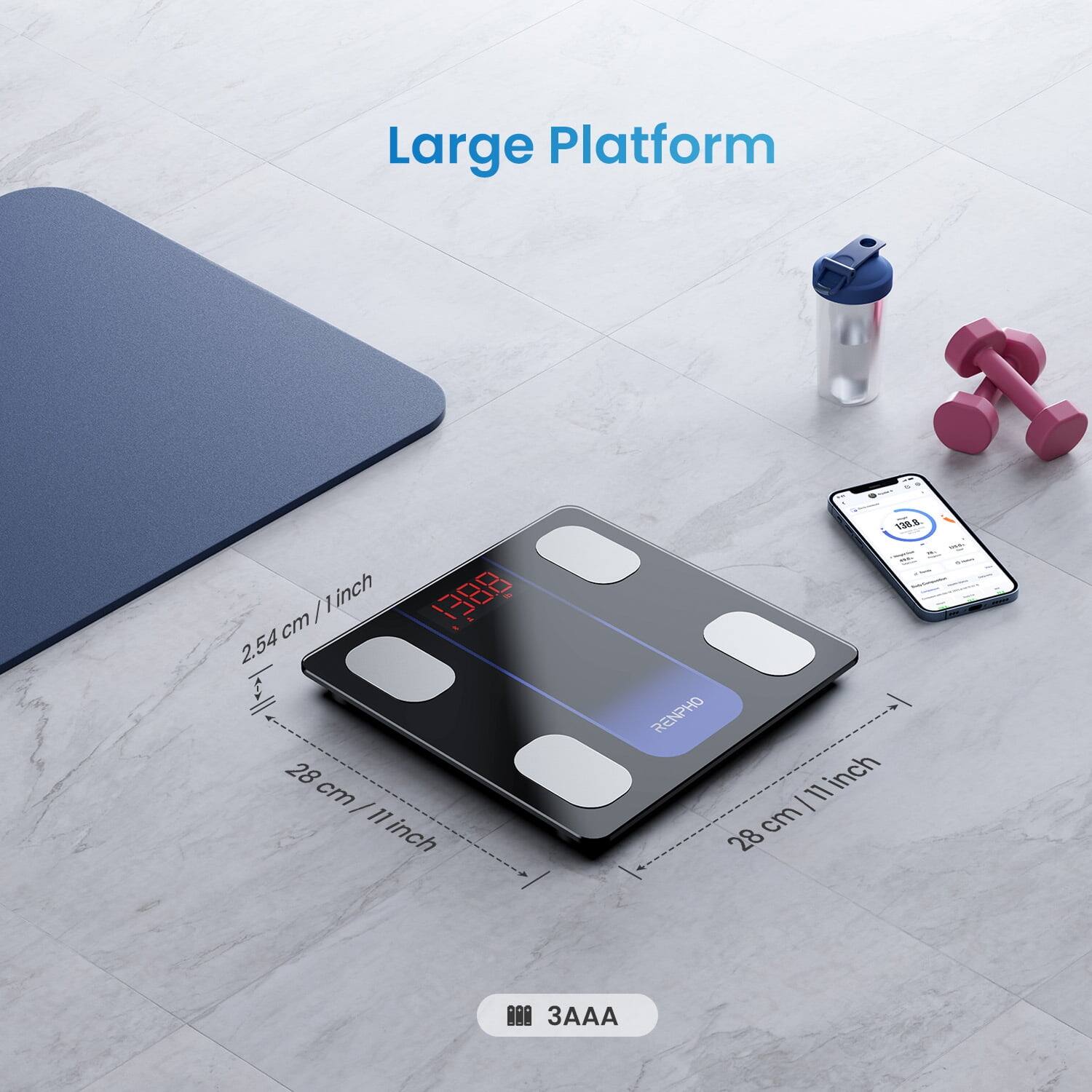 Large Platform  
1 inch = 2.54 cm  
28 cm = 11 inch  
RENPHO  
11 inch - cm 28  
3AAA