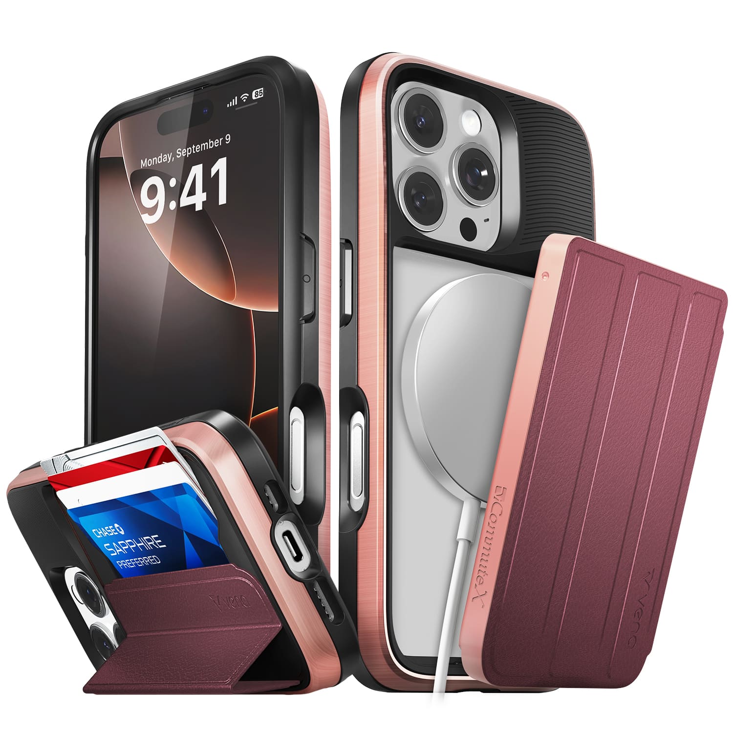 Vena - vCommuteX for Apple iPhone 16 Pro Case, Wallet Case Compatible with MagSafe, Leather Flip Cover with Card Slot - Red