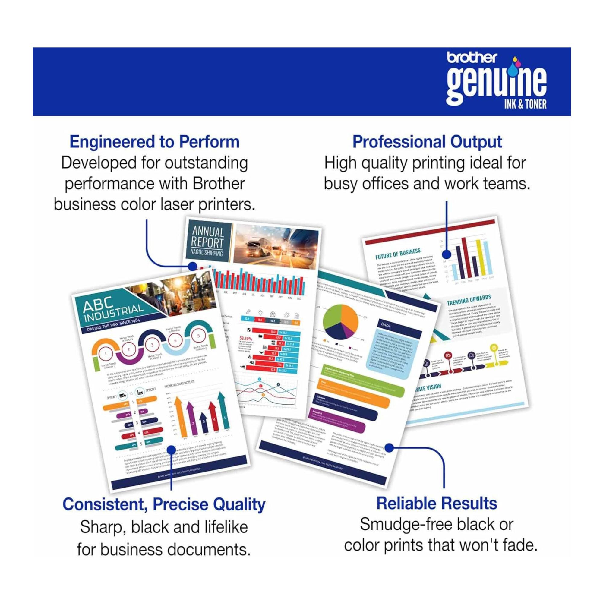 Engineered to Perform  
Developed for outstanding performance with Brother business color laser printers.

Professional Output  
High quality printing ideal for busy offices and work teams.

Consistent, Precise Quality  
Sharp, black and lifelike for business documents.

Reliable Results  
Smudge-free black or color prints that won't fade.