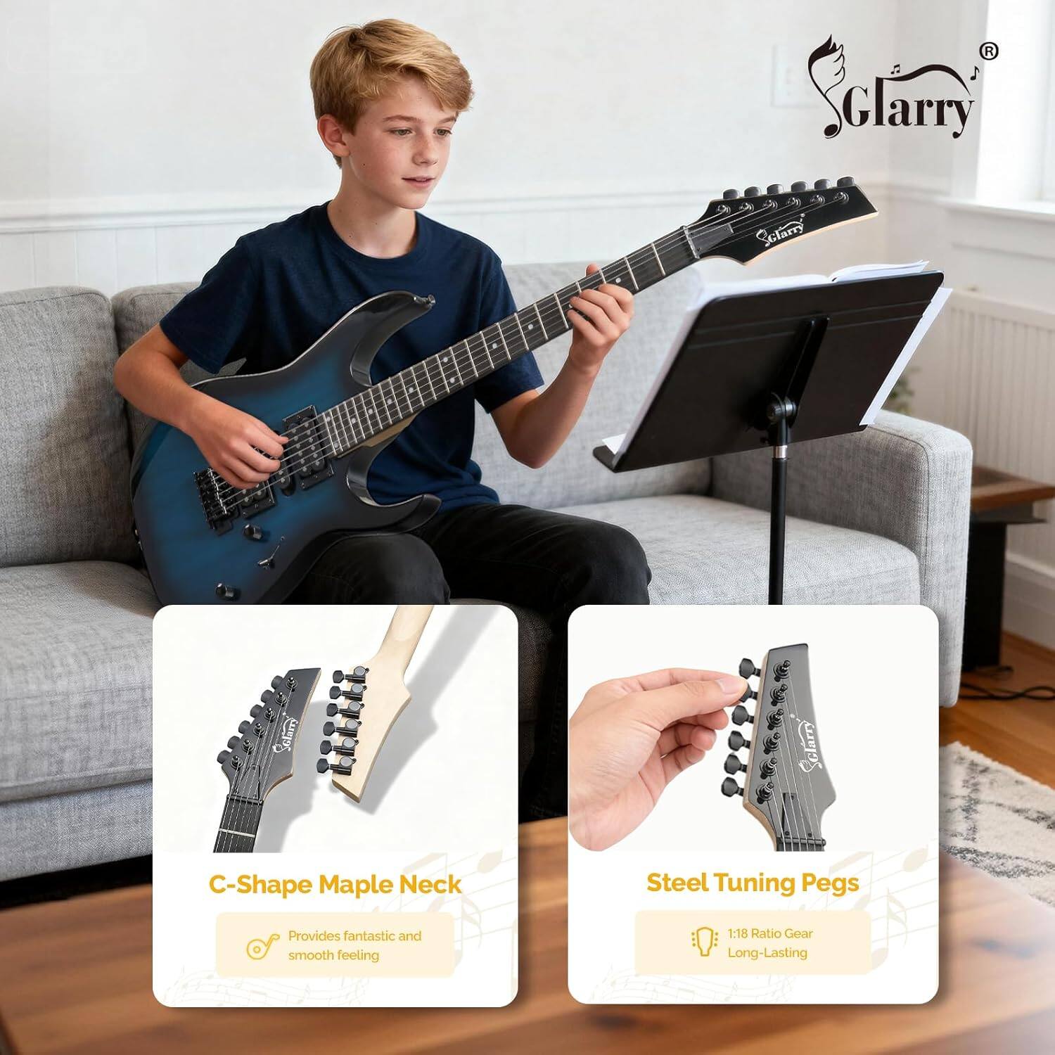 1. Glarry Sclary Sctany C-Shape Maple Neck
   - Provides fantastic and smooth feeling

2. Steel Tuning Pegs
   - 1:18 Ratio Gear
   - Long-Lasting