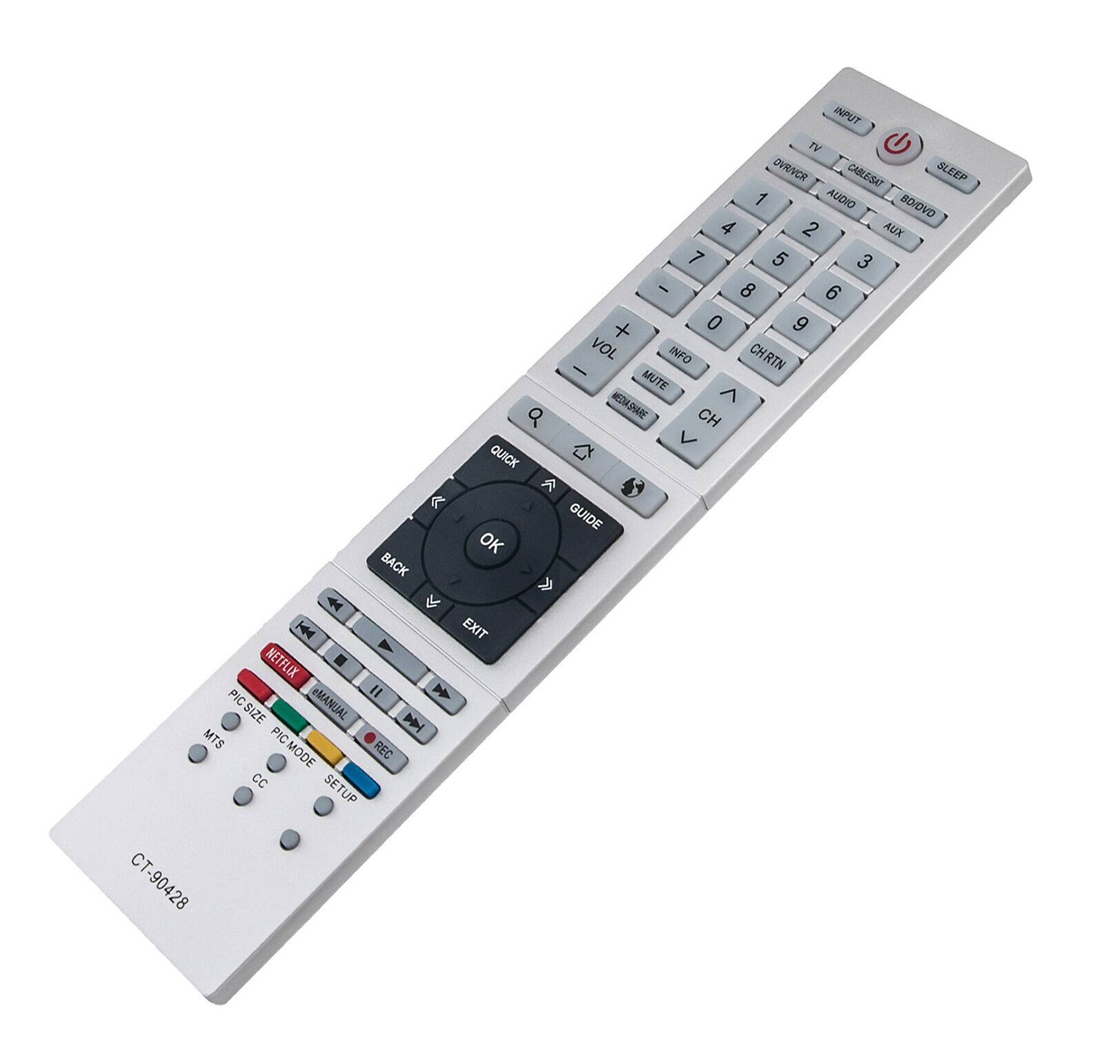 Sure, here is the corrected and grouped text from the image:

---

**Top Section:**

- INPUT
  - TV
  - DIRECT
  - AUDIO
  - AUX
  - CABLE/SAT
  - SLEEP

**Number Pad:**

- 1 2 3
- 4 5 6
- 7 8 9
- 0

**Volume and Info:**

- VOL -
- VOL +
- INFO
- MUTE

**Channel and Guide:**

- CH
- GUIDE

**Bottom Section:**

- QUICK
- BACK
- OK
- EXIT

**Media Controls:**

- RETRY
- MANUAL
- PIC SIZE
- PIC MODE
- REC
- CC
- SETUP

**Additional Buttons:**

- CT-90428

---

This should match the layout and functionality of the remote control in the image.