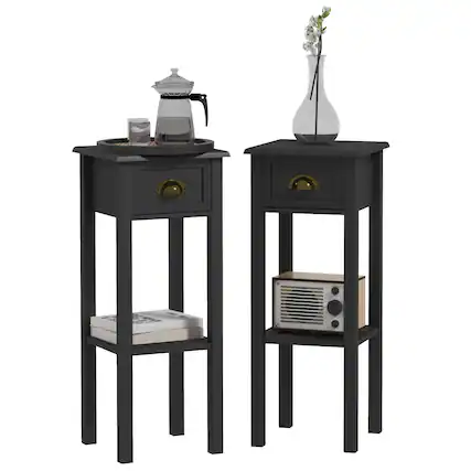 Front. Homcom - Side Tables Set of 2 with Drawer and Shelf - Black.