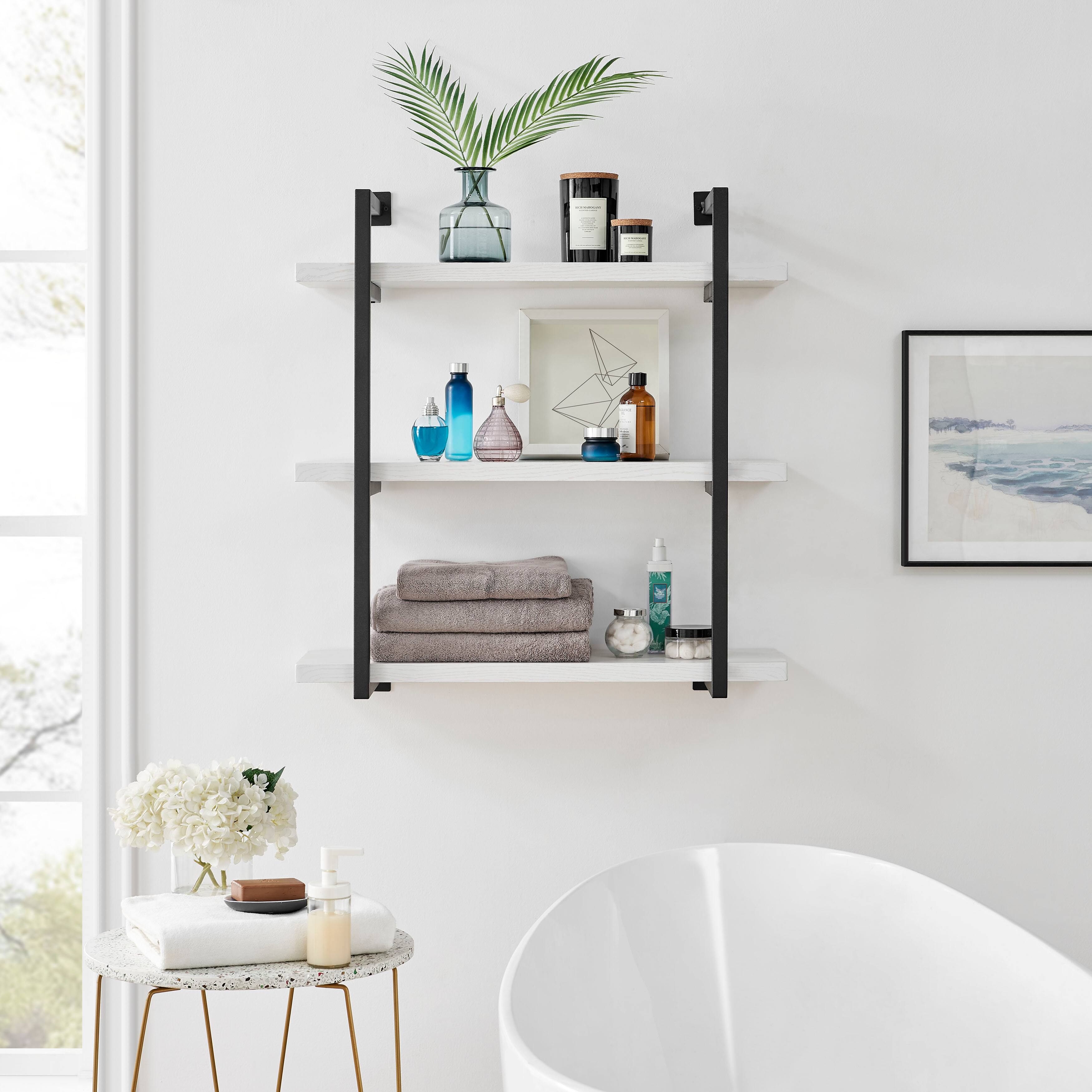 Alt View 1. Danya B - Modern 3-Tier Bracket Wall Shelves in Black Metal and White Birch Finish - White Birch.