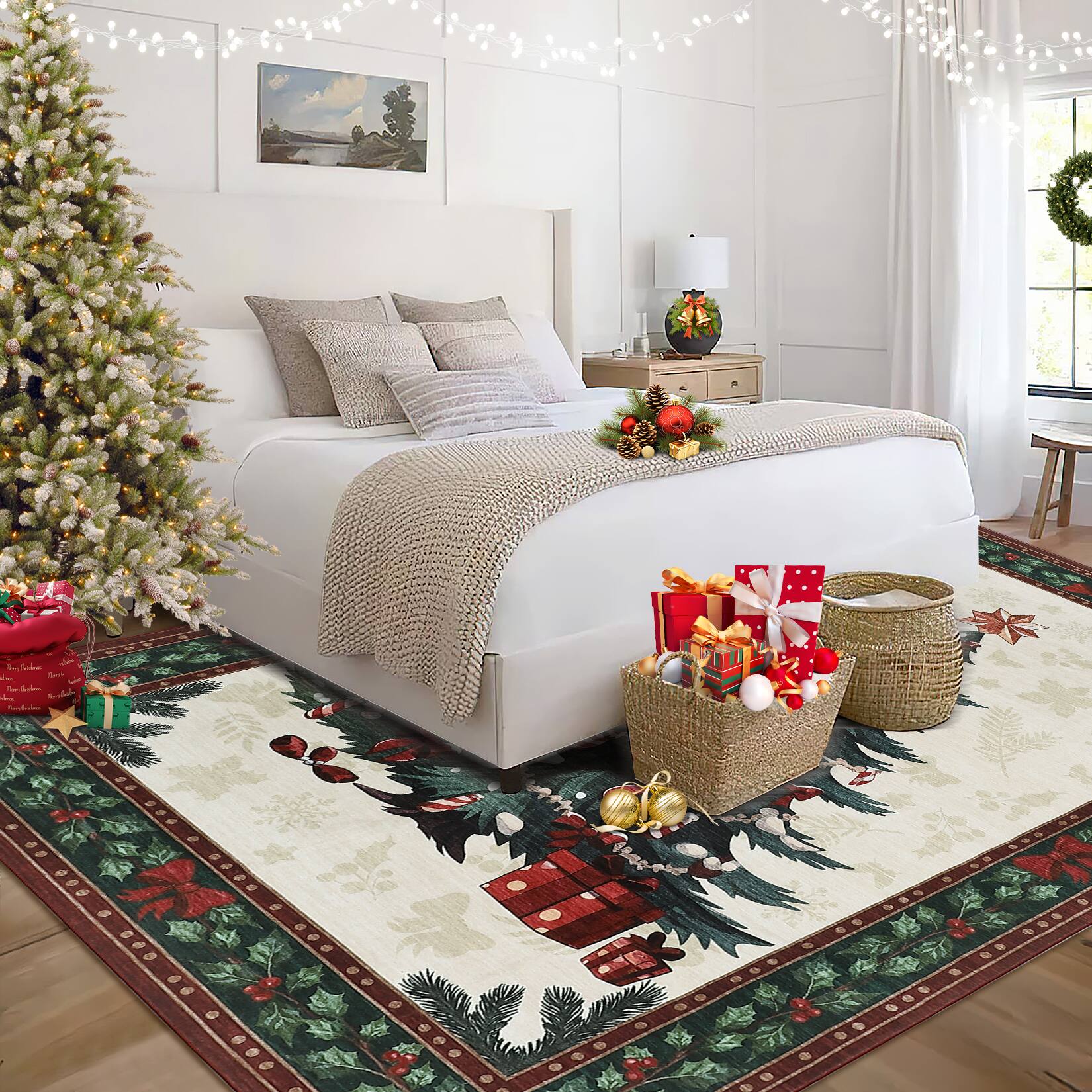 Alt View 3. Acekool - Christmas Tree 4x6 Washable Area Rugs,Indoor Untra-Thin Rug for Entryway Kitchen Living Room Floor - Red.