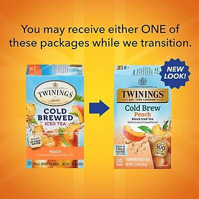 You may receive either ONE of these packages while we transition.

NEW LOOK!

TWININGS
COLD BREWED ICED TEA
PEACH
Deliciously Unsweetened
20 SINGLE SERVE TEA BAGS
NET WT 40G

TWININGS
COLD BREW
Peach
Deliciously Unsweetened Iced Tea
300ml
FLAVOURED BLACK TEA
NET WT 1 OZ