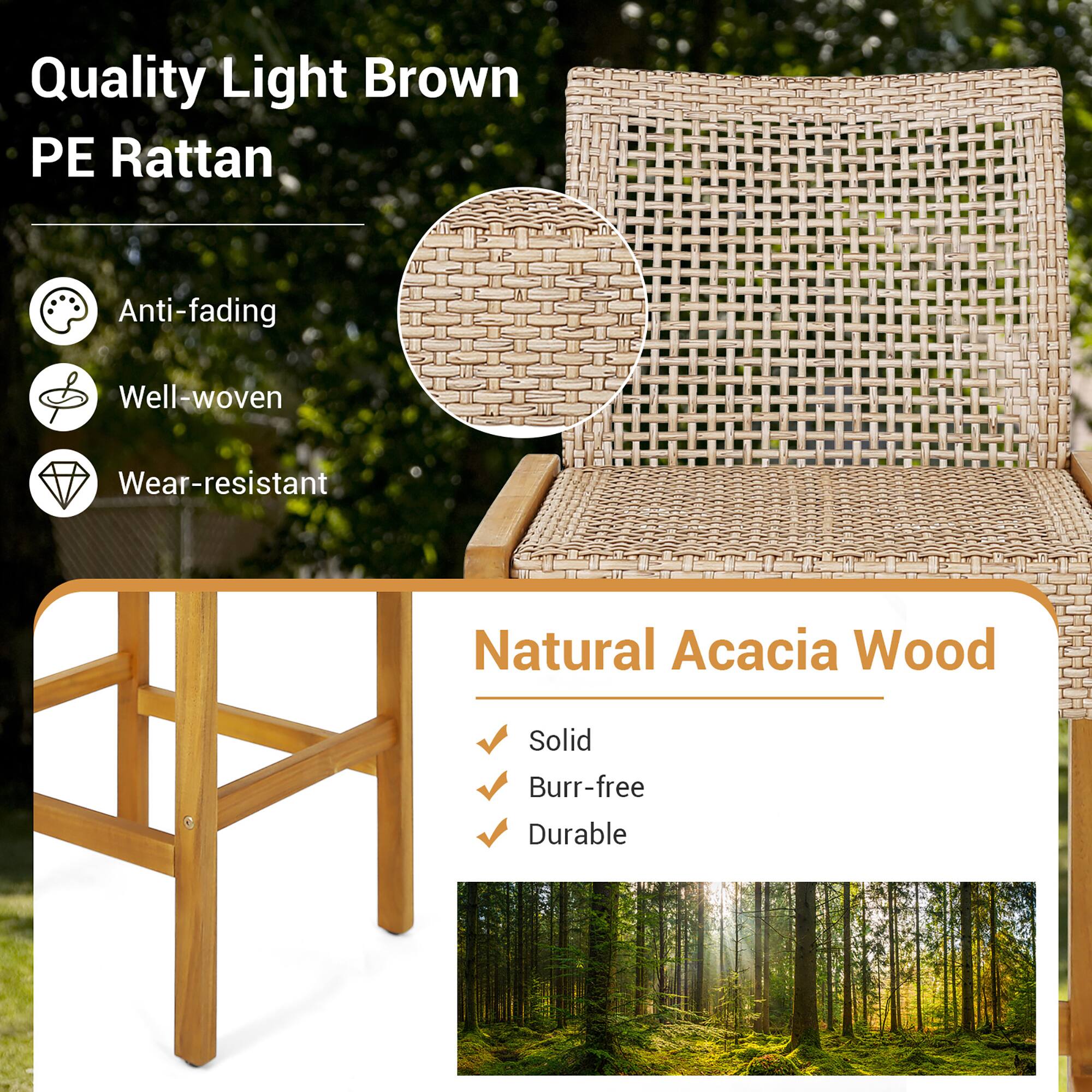 Quality Light Brown PE Rattan, Anti-fading, Well-woven, Wear-resistant, Natural Acacia Wood, Solid, Burr-free, Durable