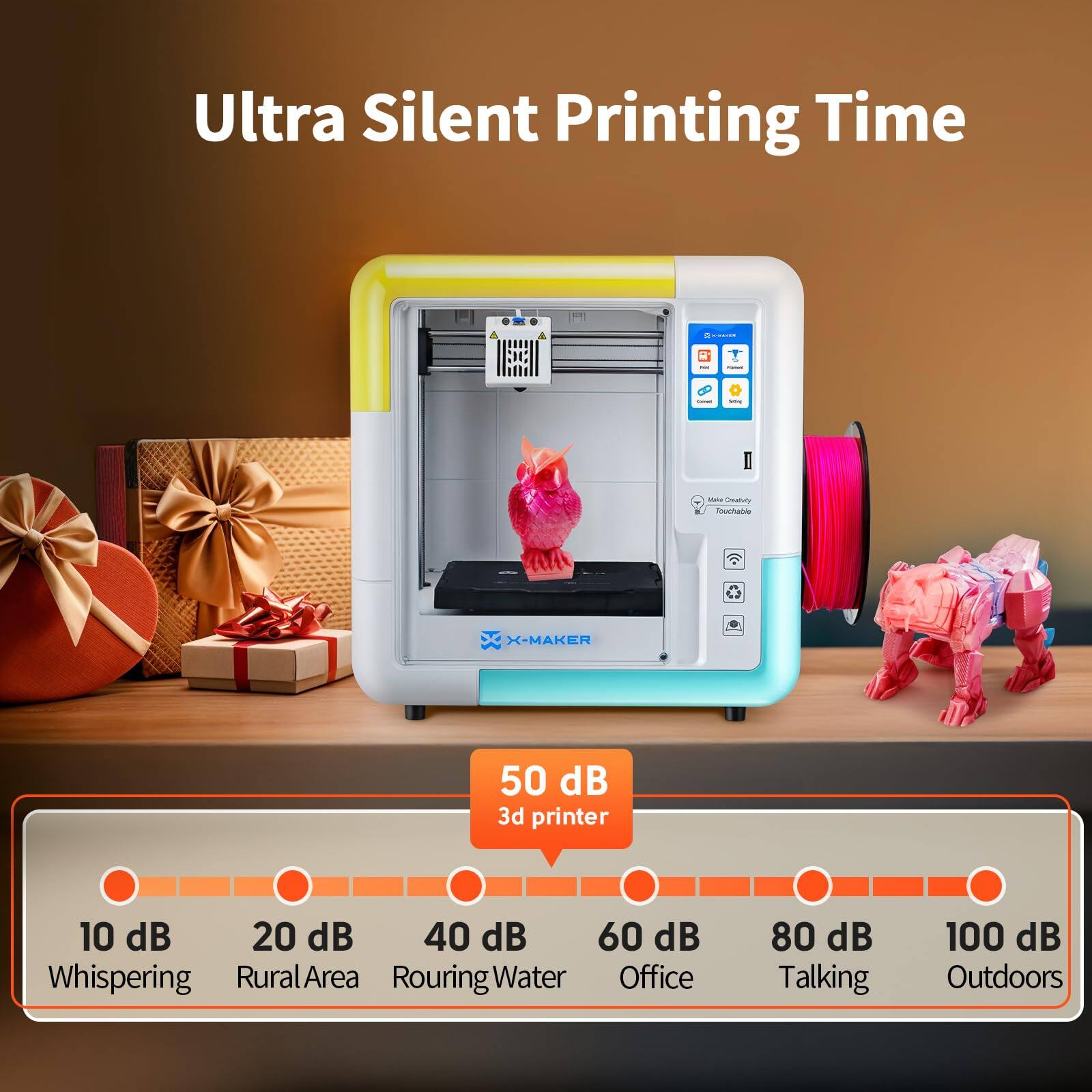 Ultra Silent Printing Time

50 dB 3d printer

10 dB Whispering  
20 dB Rural Area  
40 dB Rouring Water  
60 dB Office  
80 dB Talking  
100 dB Outdoors