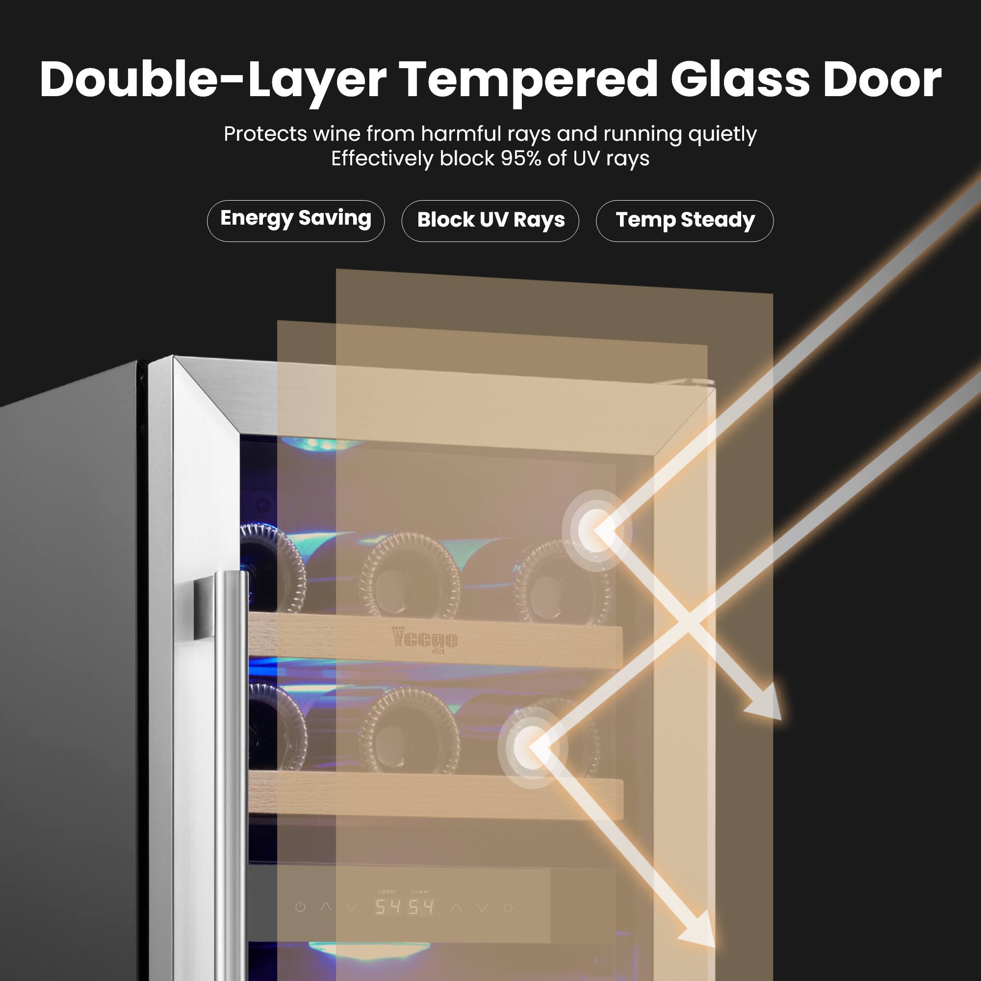 Double-Layer Tempered Glass Door, Protects wine from harmful rays and running quietly, Effectively block 95% of UV rays, Energy Saving, Block UV Rays, Temp Steady.