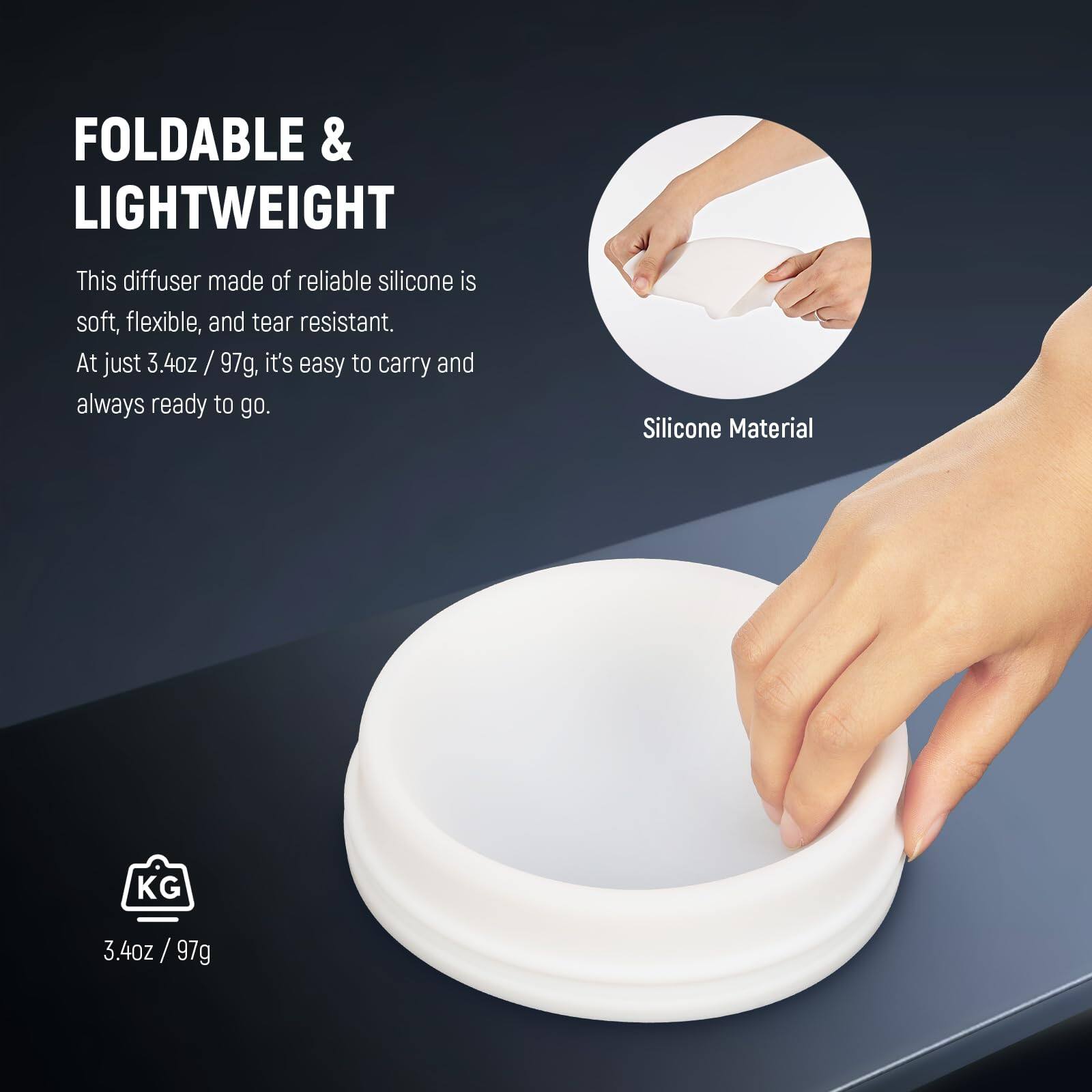 FOLDABLE & LIGHTWEIGHT

This diffuser made of reliable silicone is soft, flexible, and tear resistant. At just 3.4oz / 97g, it's easy to carry and always ready to go.

Silicone Material

3.4oz / 97g