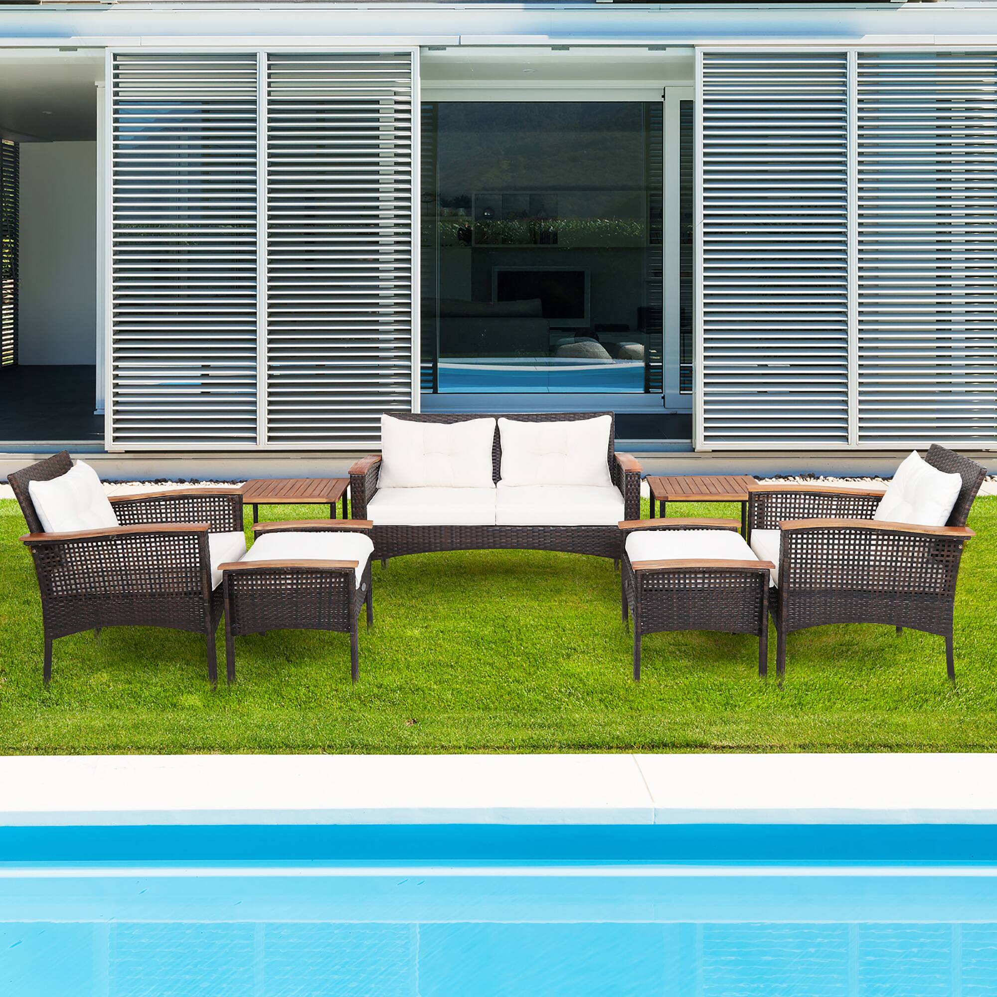 Alt View 1. Costway - Costway 7PCS Patio Rattan Furniture Set  Cushioned Loveseat Sofa Ottoman Table - Mix Brown,Off White.