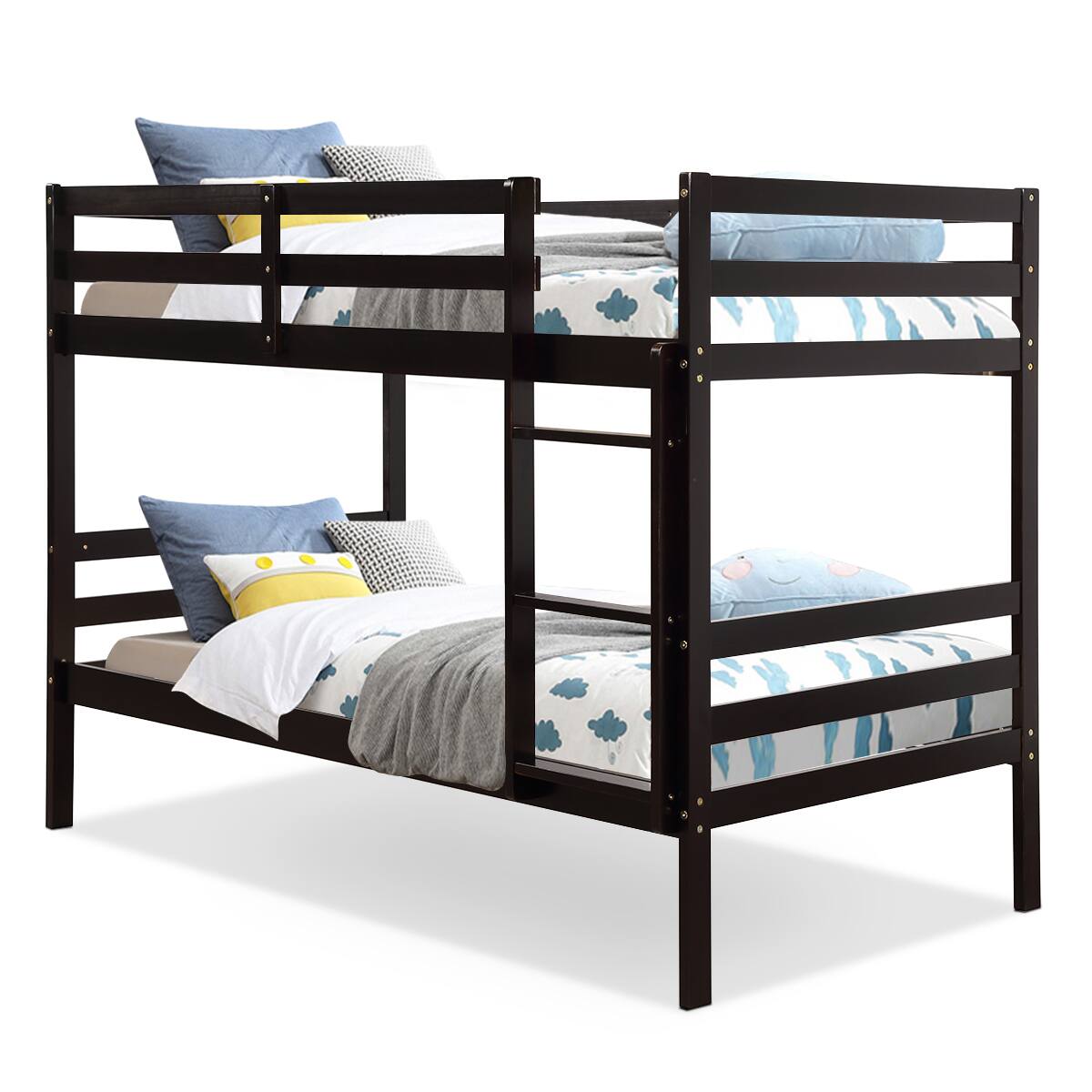 Costway - Twin Over Twin Wood Bunk Beds Ladder Safety Rail - Espresso