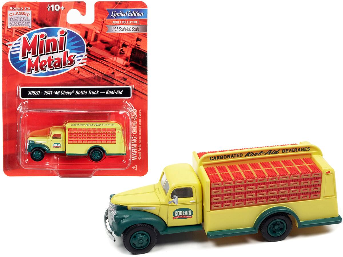 ROUND 2's CLASSIC METAL WORKS  
Mini Metals  
Limited Edition  
ADULT COLLECTIBLE  
1:87 Scale/HO Scale  

30620 - 1941-46 Chevy Bottle Truck - Kool-Aid  

CARBONATED Kool-Aid BEVERAGES  

WARNING: CHOKING HAZARD - Small parts. Not for children under 3 years.
