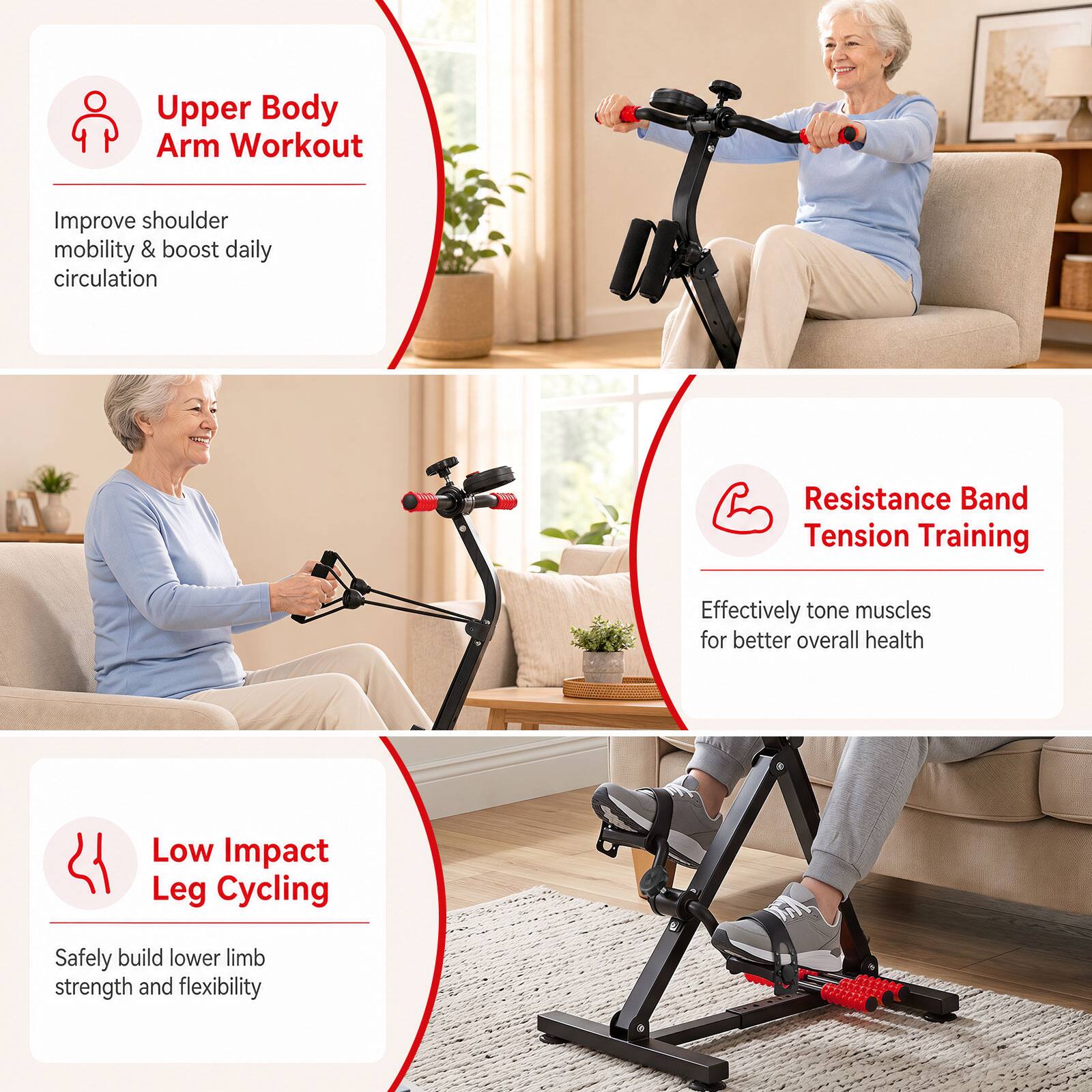 Upper Body Arm Workout
Improve shoulder mobility & boost daily circulation

Resistance Band Tension Training
Effectively tone muscles for better overall health

Low Impact Leg Cycling
Safely build lower limb strength and flexibility
