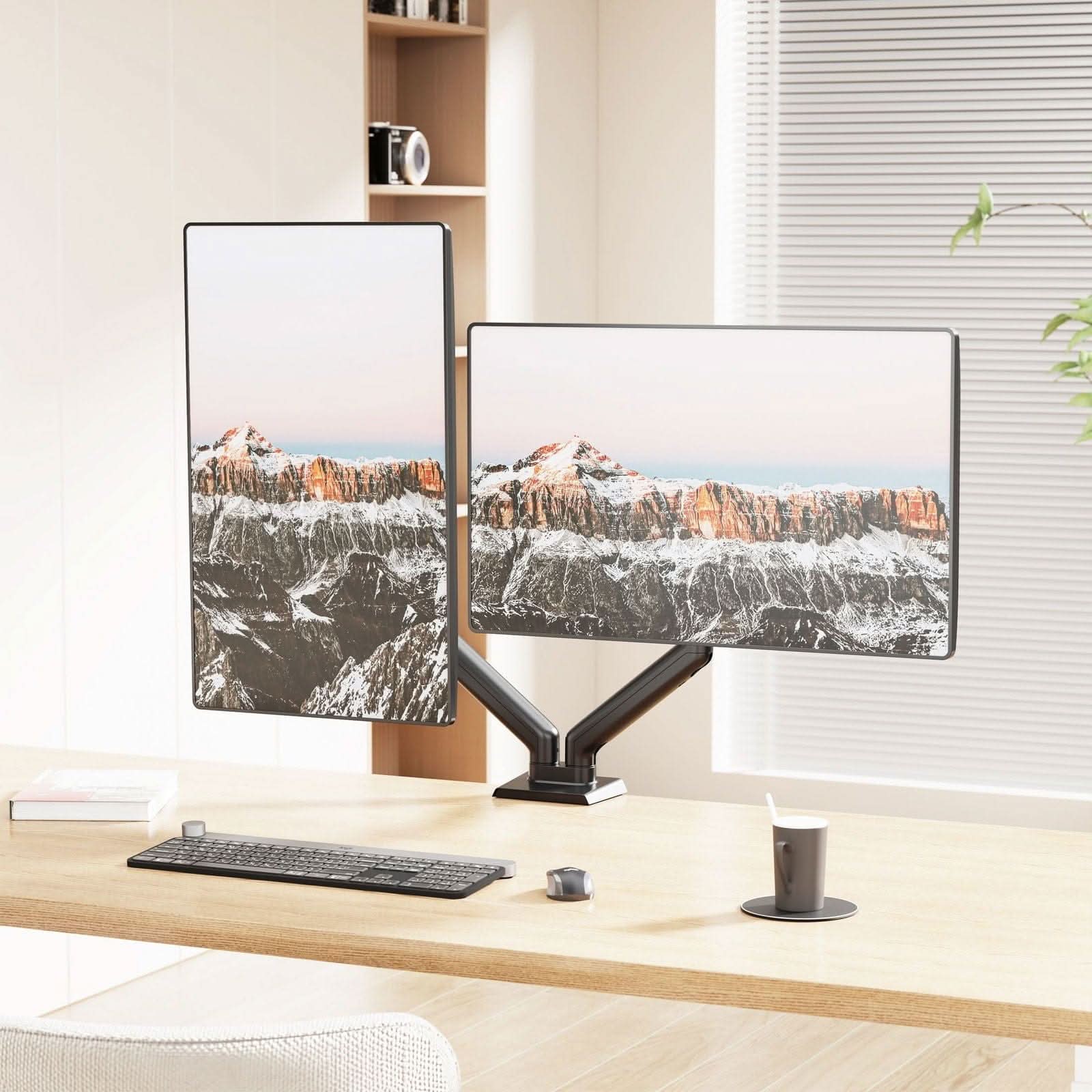 Angle. Mount-It! - Dual Monitor Desk Mount for 17"–32" Screens, Adjustable Arms for Height, Tilt & Swivel - Black.