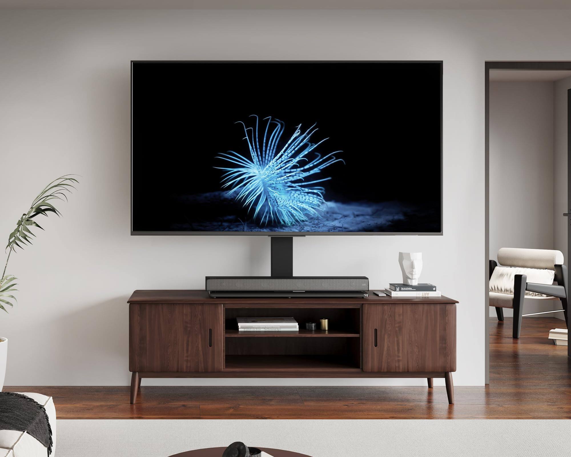 Alt View 1. Refined Abode Design - Universal Tv Stand With Swivel Mount For 50 Flat Screens Height Adjustable Tempered Glass Base Holds Up To - Black With Power Strip.