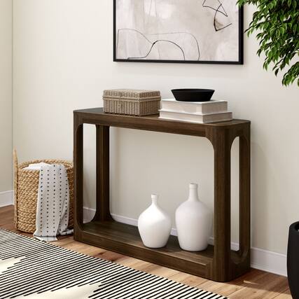 Front. Plank+Beam - Forma Console Table with Bottom Shelf (46in / 170mm), Walnut - Walnut.