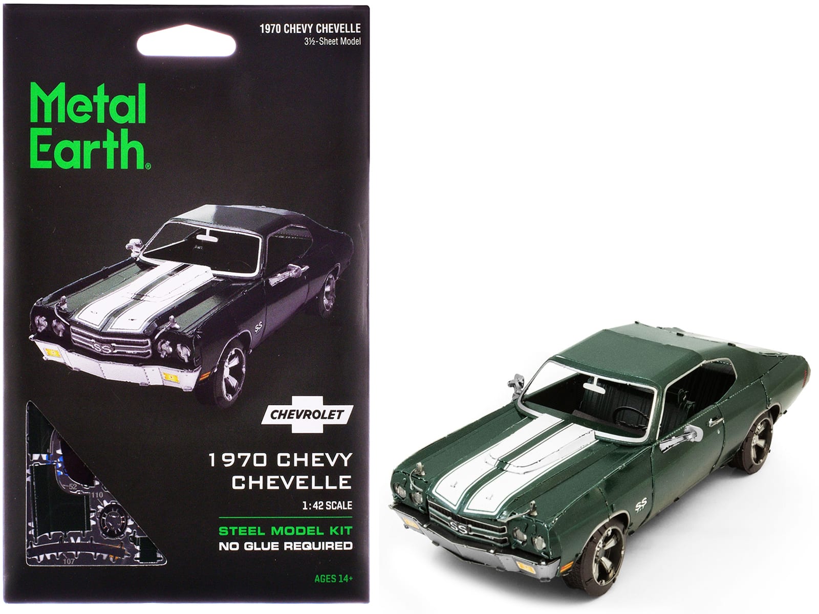 Model Kit 1970 Chevrolet Chevelle SS Stripes (Challenging Difficulty) Steel Model by Metal Earth - Green with White