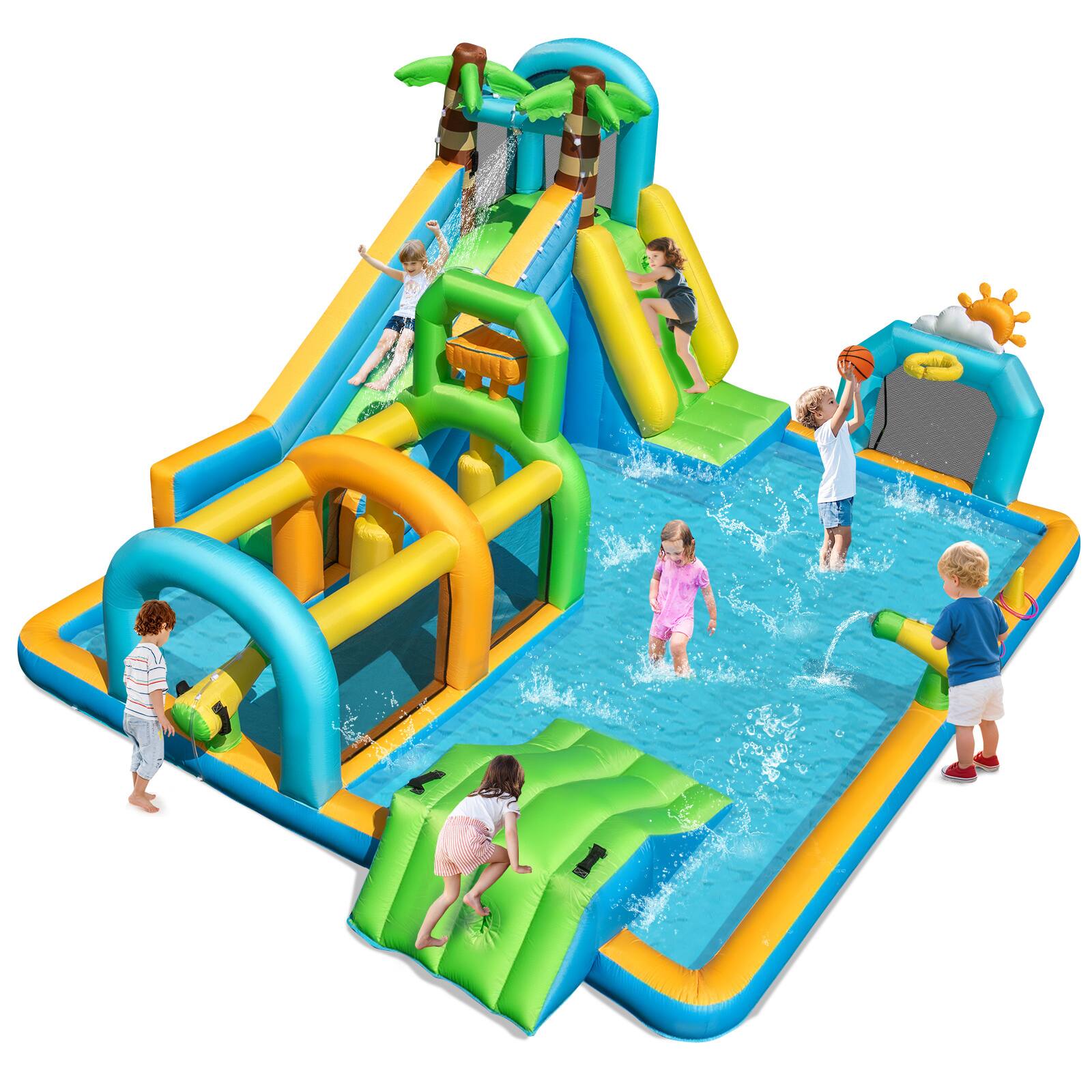 Front. Costway - Costway Inflatable Water Park with Climbing Wall Basketball Rim Target Game Without Blower - Multicolor.
