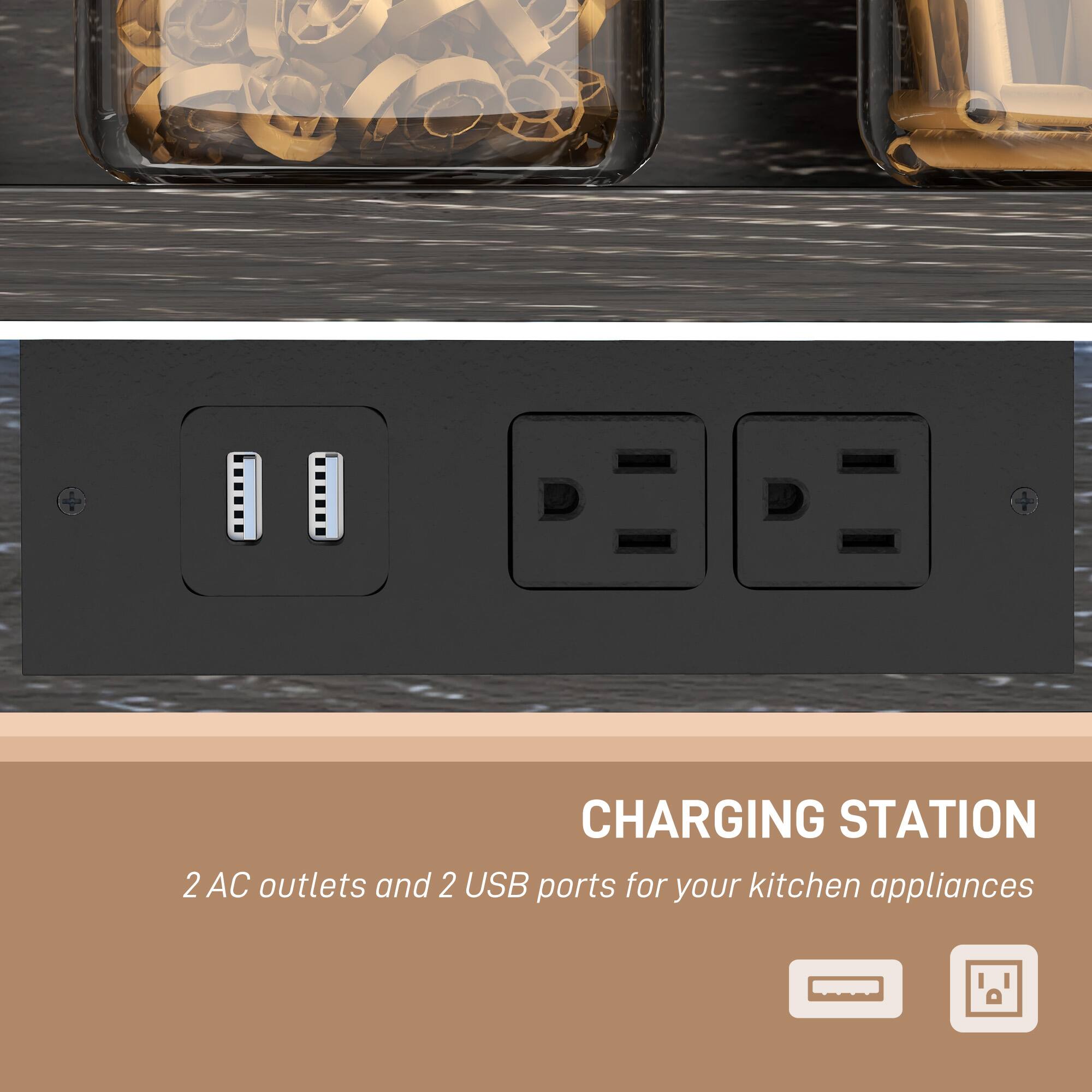 CHARGING STATION
2 AC outlets and 2 USB ports for your kitchen appliances