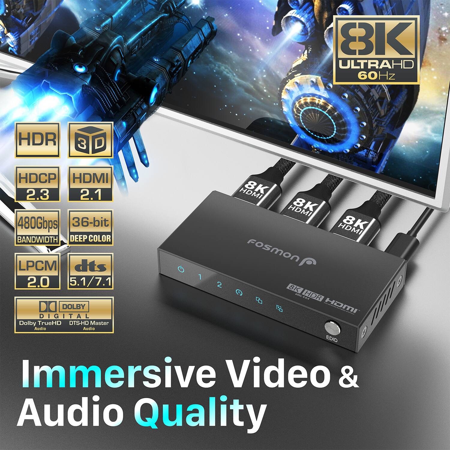 8K ULTRA HD 60Hz HDR 3D HDCP 2.3 HDMI 2.1 8K HDMI 8K 480Gbps 36-bit 8K HDMI BANDWIDTH DEEP COLOR fosmon LPCM dts 2.0 5.1/7.1 2 01200 8K -. HDR Dolby TrueHD DIGITAL DO DOLBY DTS-HD Master HOMI W Audio EDID Immersive Video & Audio Quality

Immersive Video & Audio Quality