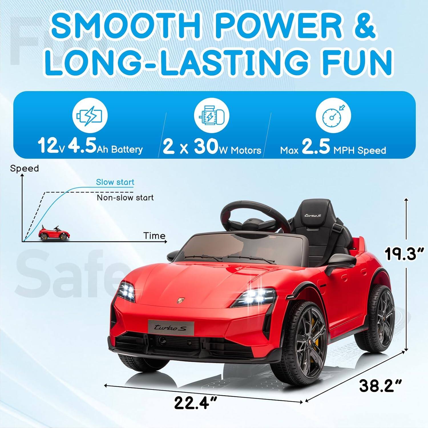 SMOOTH POWER & LONG-LASTING FUN  
12v 4.5Ah Battery  
2 x 30W Motors  
Max 2.5 MPH Speed  
Slow start  
Non-slow start  
19.3"  
22.4"  
38.2"