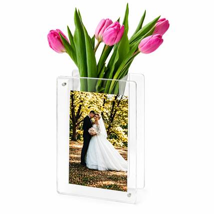 Front. Zeldora Collection - Zeldora Acrylic Picture Frame Vase, Magnetic Leak-Proof Frame for 4x6 & 5x7 Photos, Vertical, 7.5 x 5.5 x 2 in - Clear.