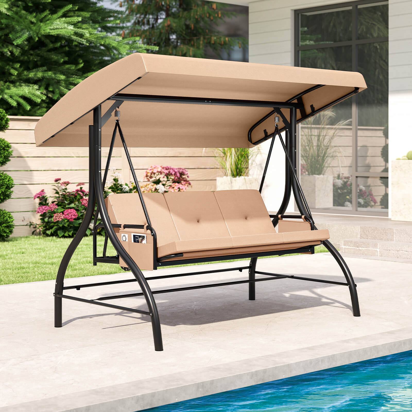 Alt View 1. Costway - Costway 3-Seat Patio Swing with Canopy with Removable Cushions & Side Pockets Stand - Beige.