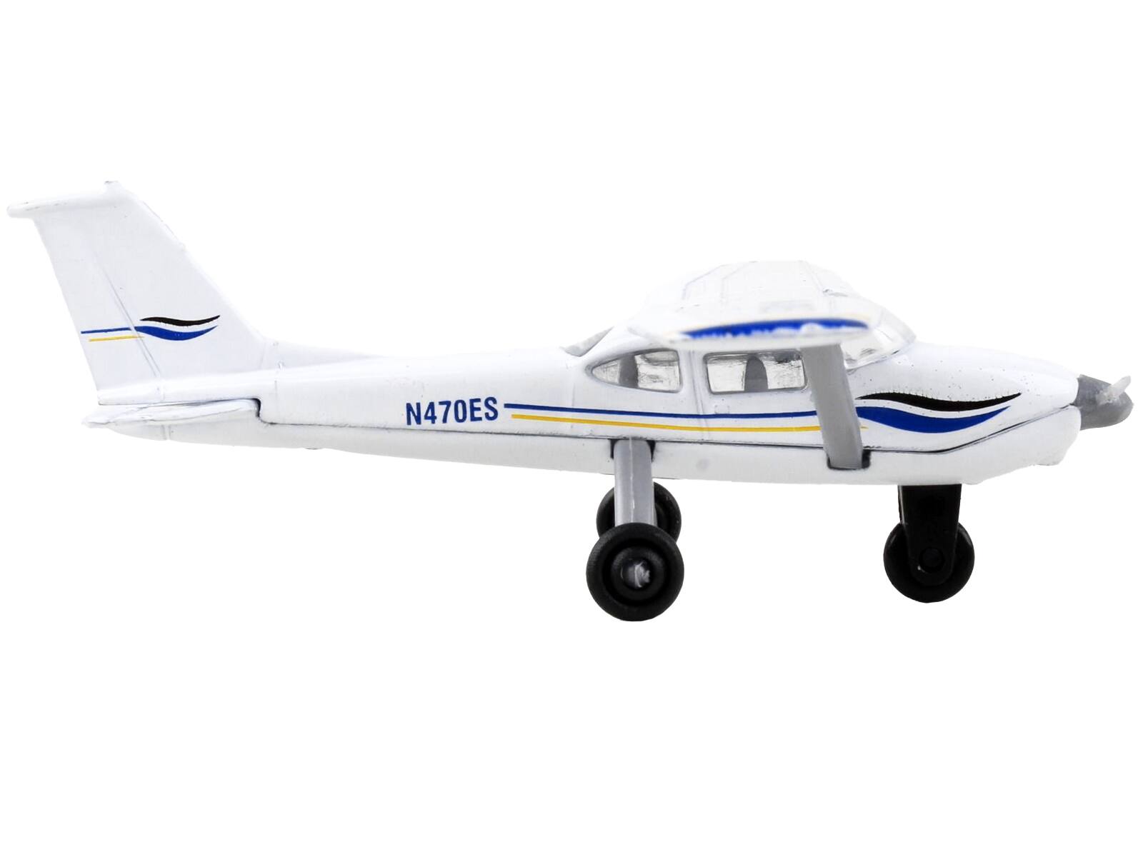Alt View 1. Runway24 - Cessna 172 Aircraft White with Blue and Yellow Stripes "N470ES" with Runway Section Diecast Model Airplane by Runway24.