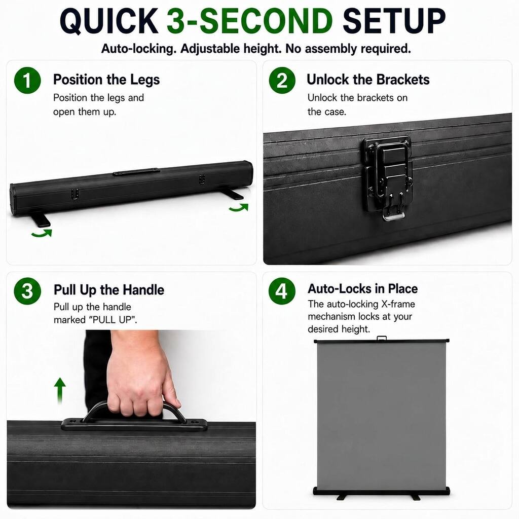 QUICK 3-SECOND SETUP  
Auto-locking. Adjustable height. No assembly required.

1. Position the Legs  
Position the legs and open them up.

2. Unlock the Brackets  
Unlock the brackets on the case.

3. Pull Up the Handle  
Pull up the handle marked "PULL UP".

4. Auto-Locks in Place  
The auto-locking X-frame mechanism locks at your desired height.